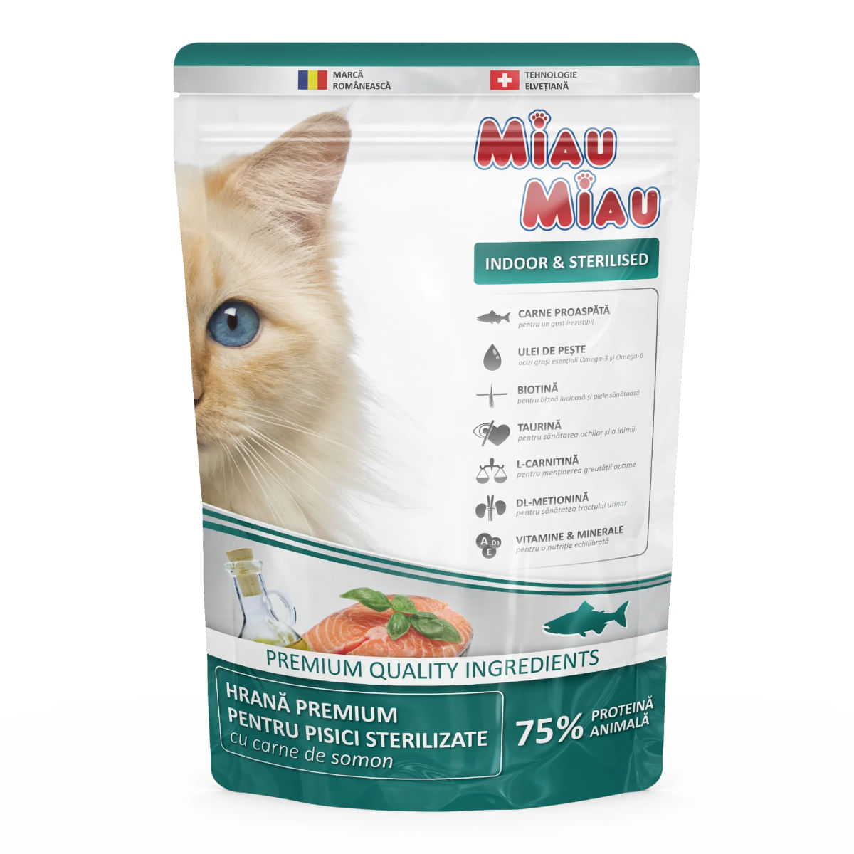 MIAU MIAU Indoor & Sterilised, Somon, hrană uscată pisici sterilizate, 800g - poza 2