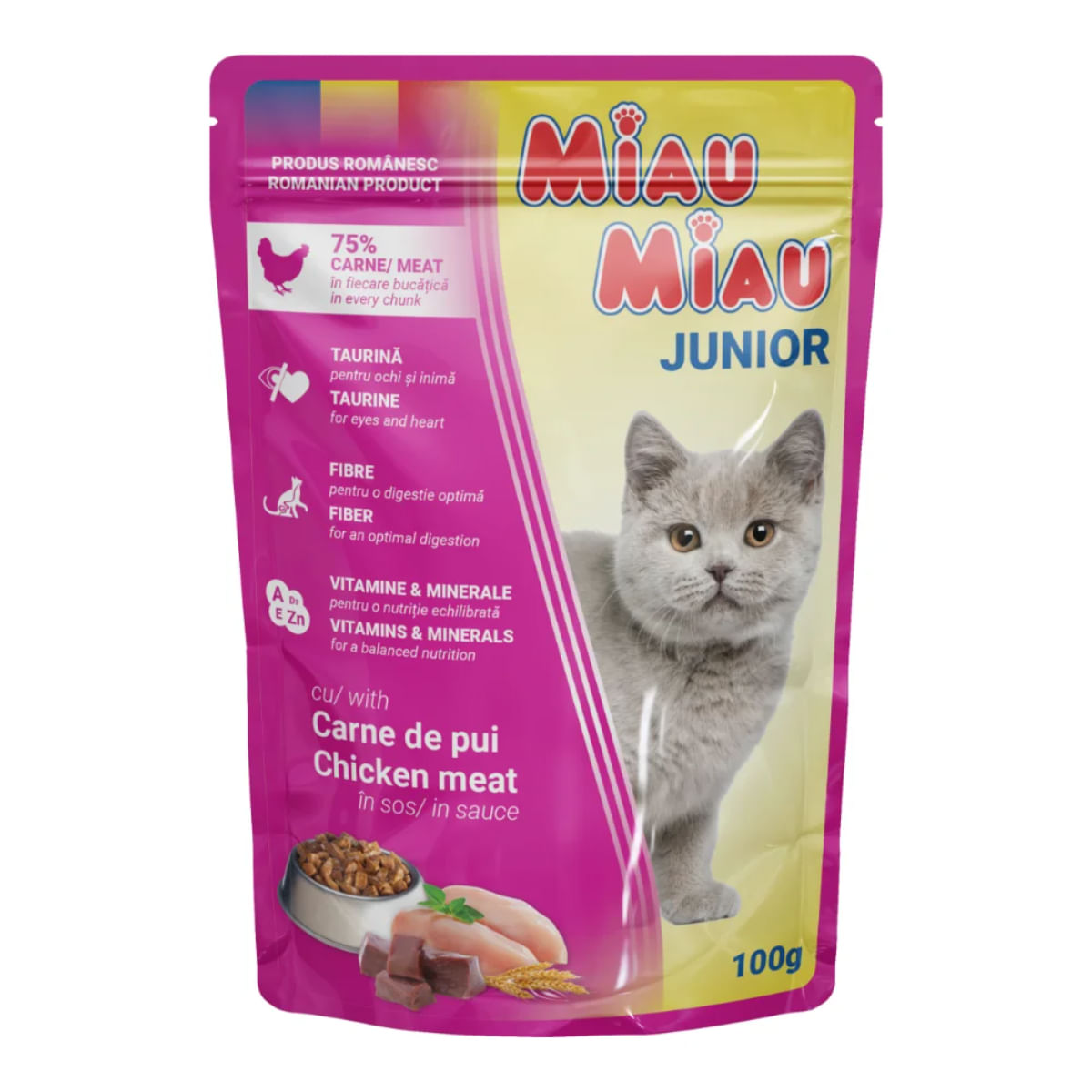 MIAU MIAU Kitten, Pui, plic hrană umedă pisici junior, (în sos), 100g - poza 2