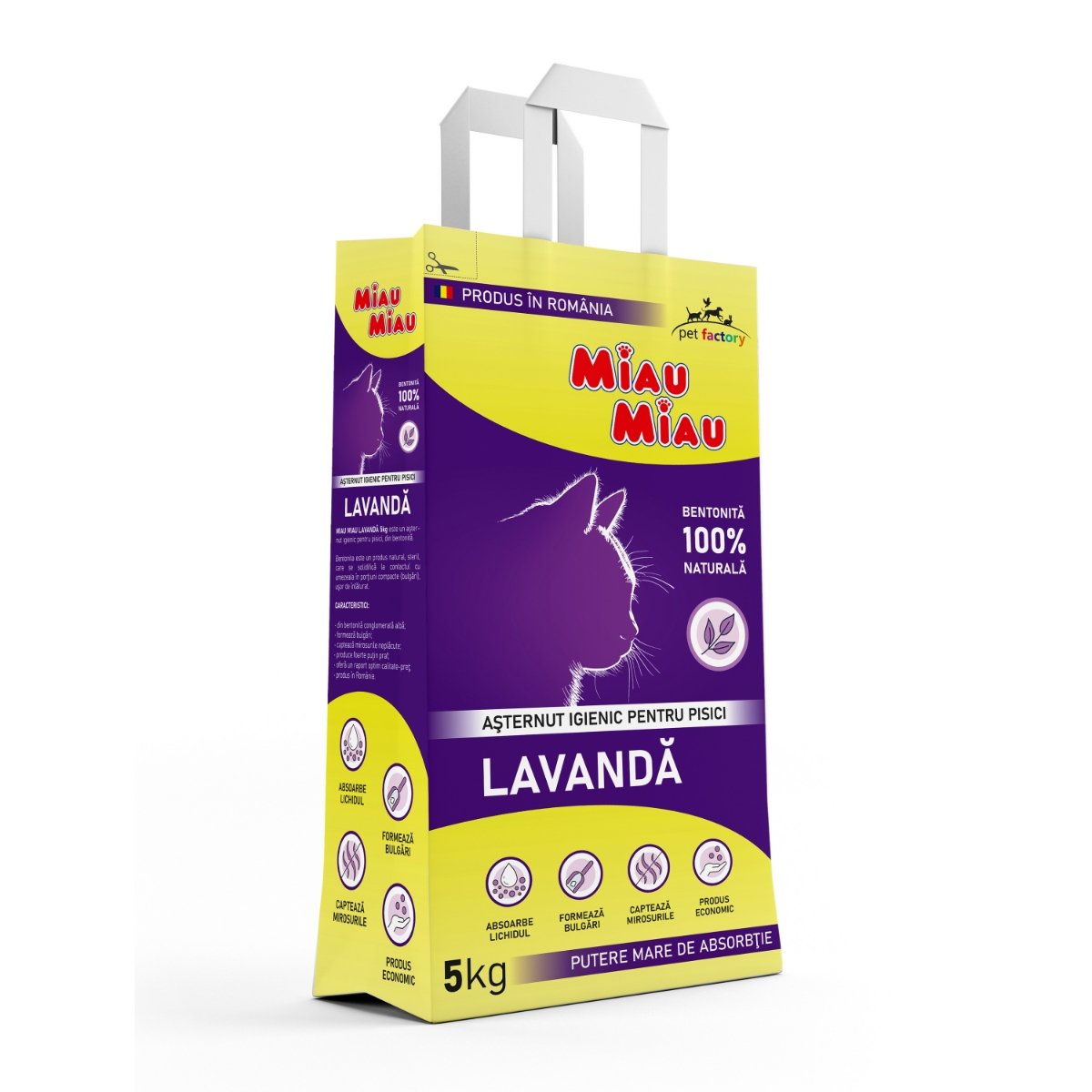 MIAU MIAU, Lavanda, așternut igienic pisici, granule, bentonită, aglomerant, neutralizare mirosuri, 5kg - poza 2