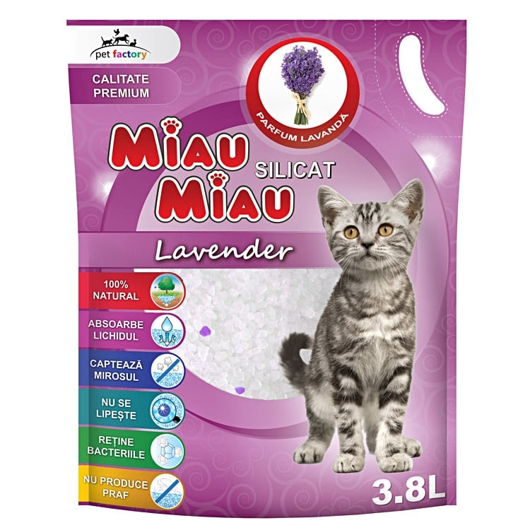 MIAU MIAU, Lavanda, așternut igienic pisici, granule, silicat, neaglomerant, neutralizare mirosuri, 3.8l - poza 1