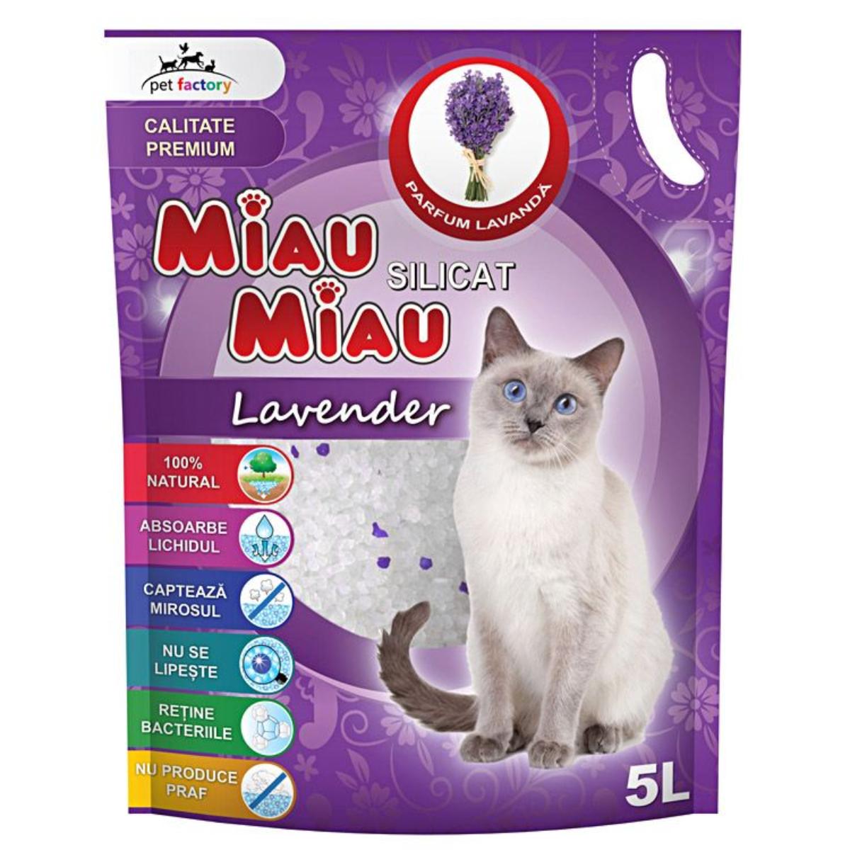 MIAU MIAU, Lavanda, așternut igienic pisici, granule, silicat, neaglomerant, neutralizare mirosuri, 5l - poza 2