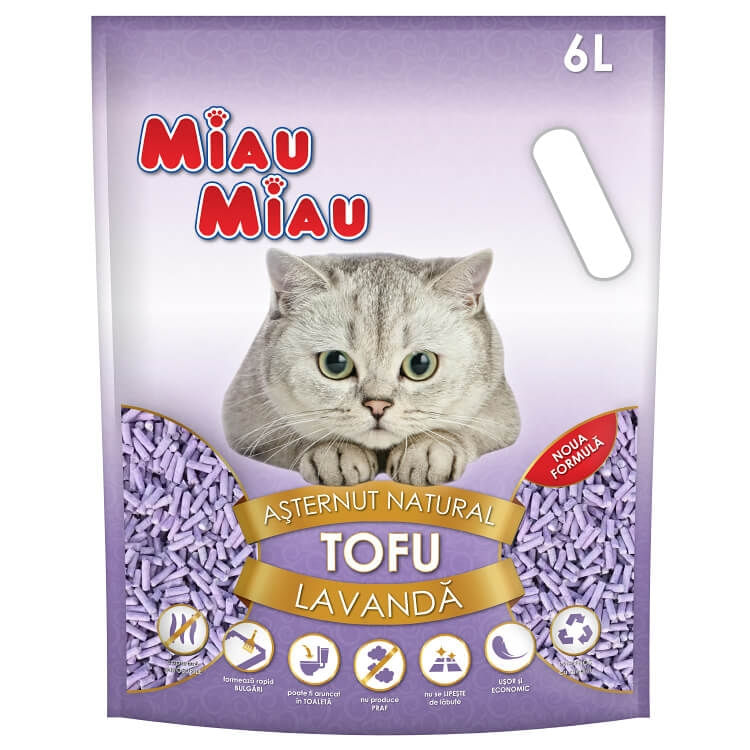 MIAU MIAU, Lavanda, așternut igienic pisici, peleți, tofu, aglomerant, ecologic, biodegradabil, 6l - poza 1