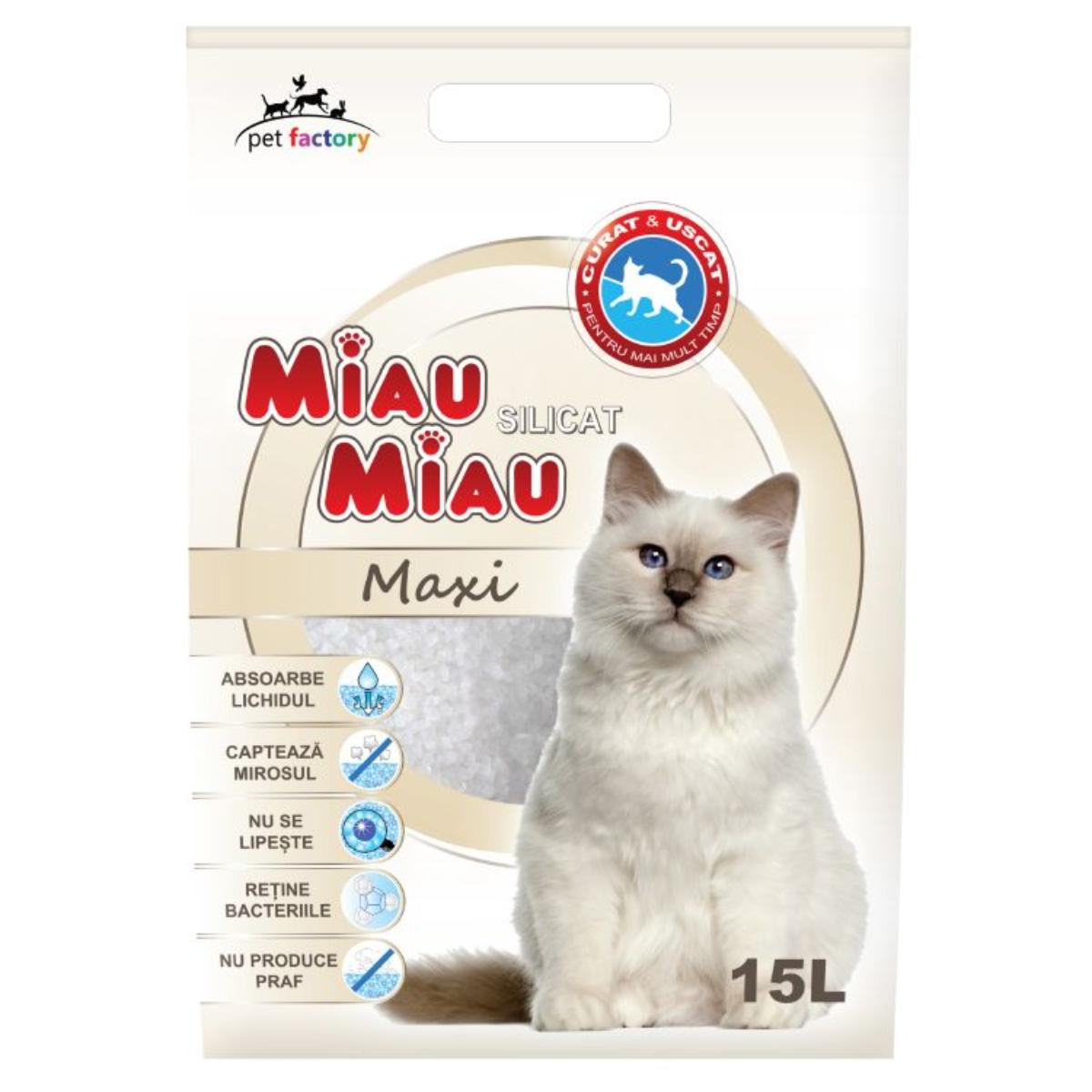 MIAU MIAU Maxi, neparfumat, așternut igienic pisici, granule, silicat, neaglomerant, neutralizare mirosuri, 15l - poza 3