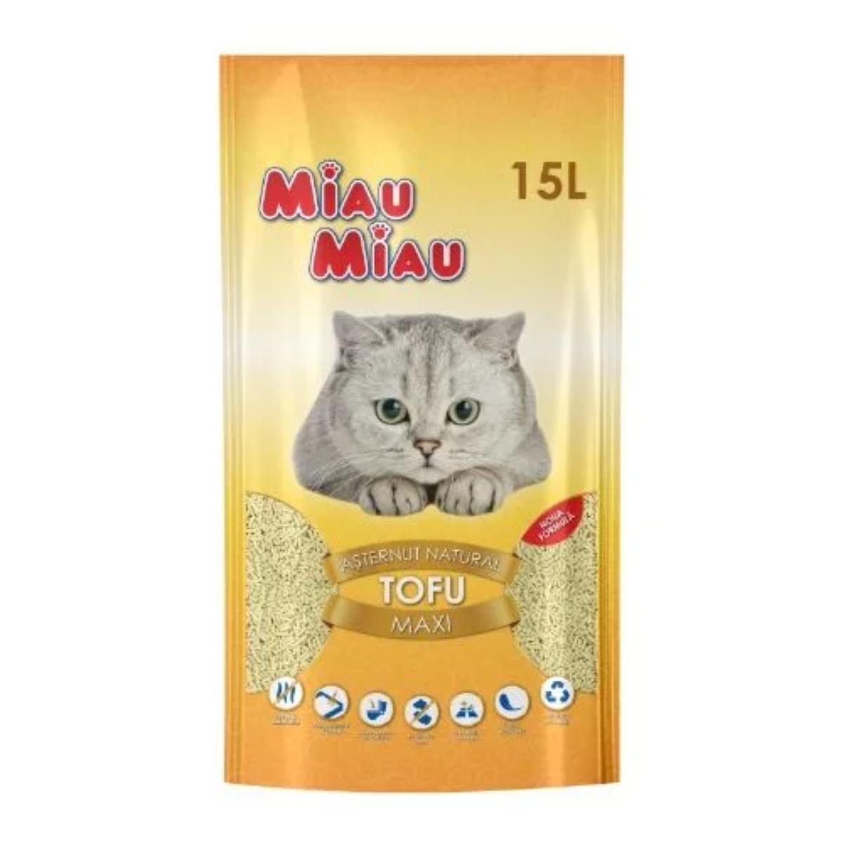 MIAU MIAU Maxi, neparfumat, așternut igienic pisici, peleți, tofu, neaglomerant, ecologic, biodegradabil, 15l - poza 1