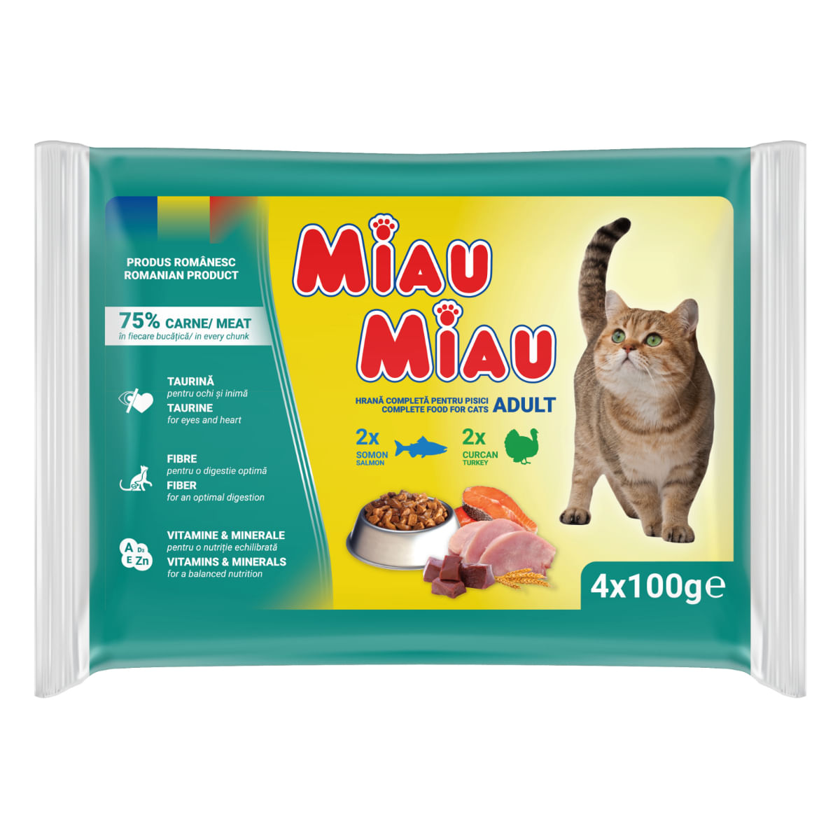 MIAU MIAU Mixt, Curcan și Somon, plic hrană umedă pisici, (în sos), multipack, 100g x 4buc - poza 2