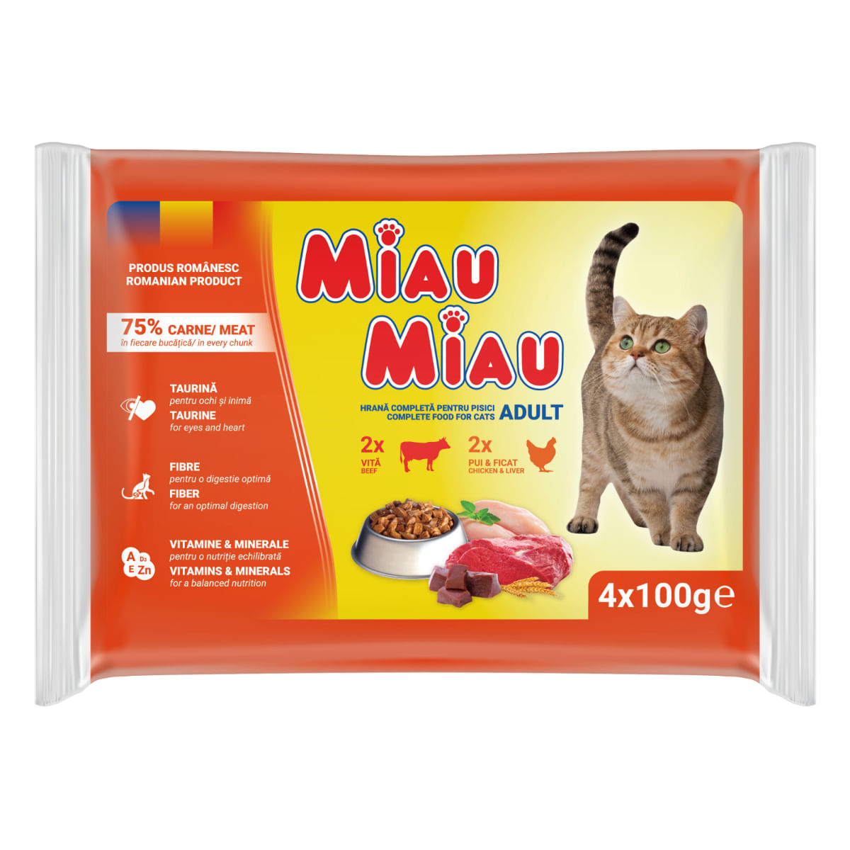 MIAU MIAU Mixt, Vită și Pui, plic hrană umedă pisici, (în sos), multipack, 100g x 4buc - poza 2