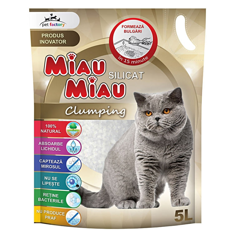 MIAU MIAU, neparfumat, așternut igienic pisici, granule, silicat, aglomerant, neutralizare mirosuri, 5l - poza 1