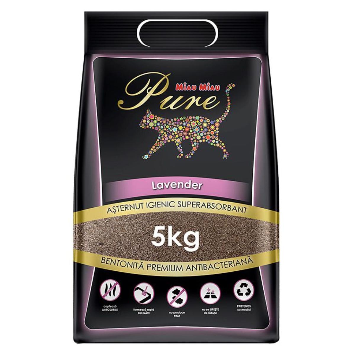 MIAU MIAU Pure, Lavanda, așternut igienic pisici, granule, bentonită, aglomerant, neutralizare mirosuri, 5kg - poza 1