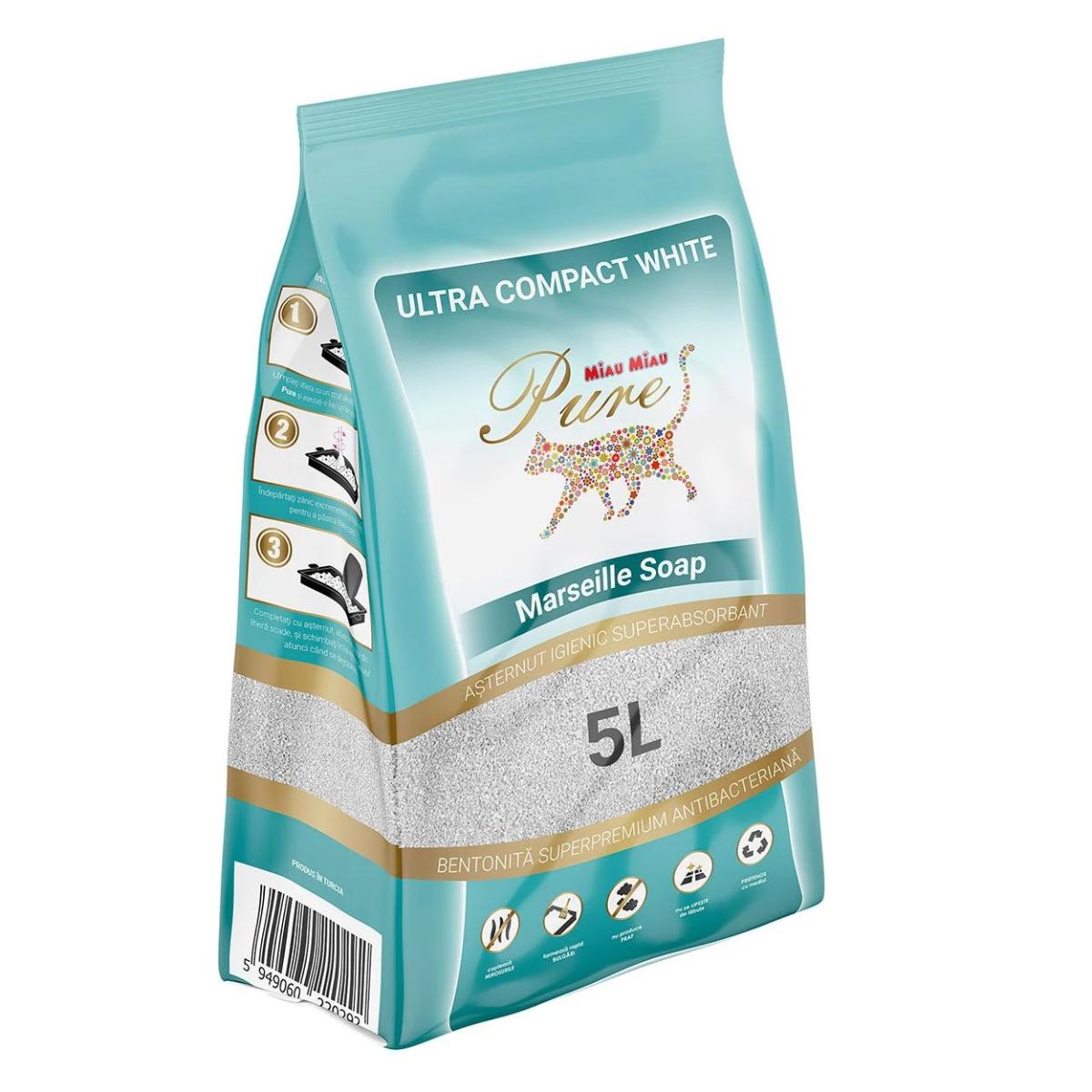 MIAU MIAU Pure Pure, săpun Marsilia, așternut igienic pisici, granule, bentonită, aglomerant, neutralizare mirosuri, 5l - poza 3