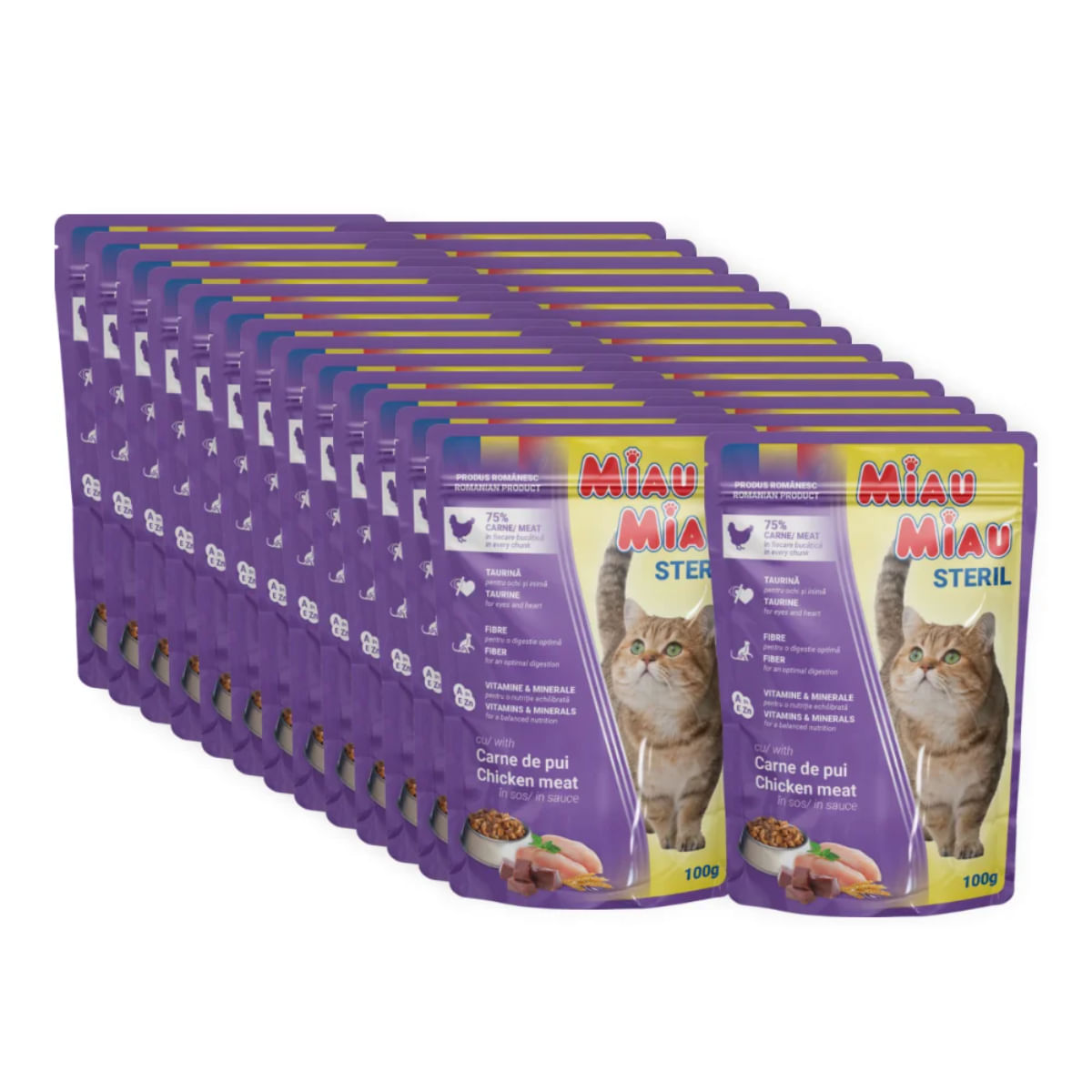 MIAU MIAU Sterilised, Pui, plic hrană umedă pisici sterilizate, (în sos), bax, 100g x 24buc - poza 1