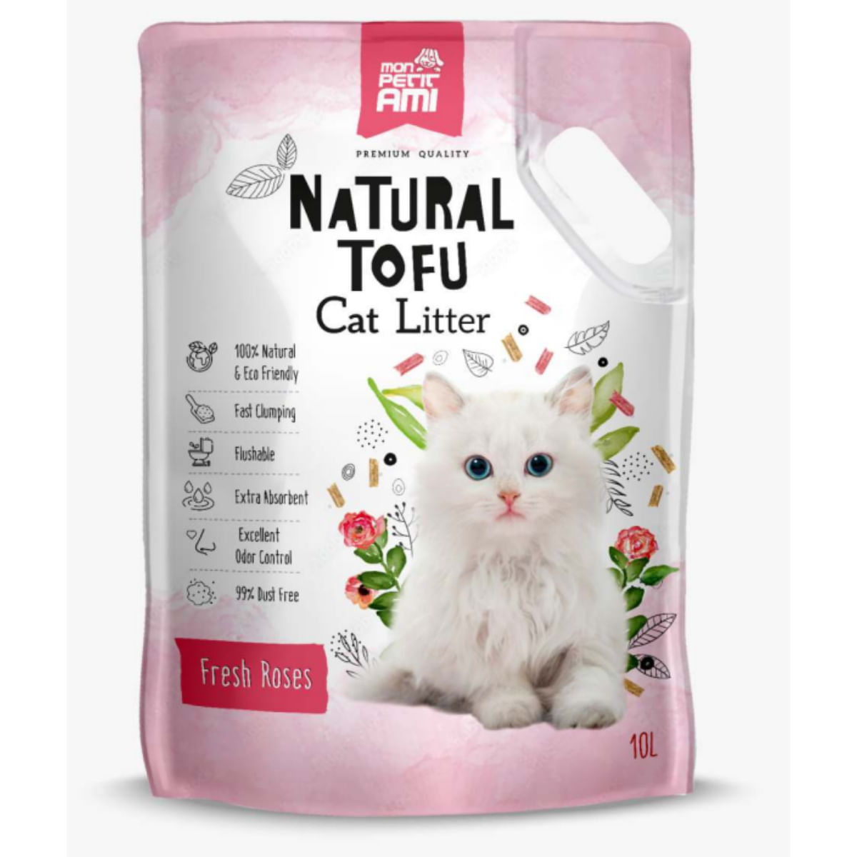 MON PETIT AMI Natural Tofu, Trandafir, așternut igienic pisici, peleți, tofu, aglomerant, ecologic, biodegradabil, 10l - poza 2