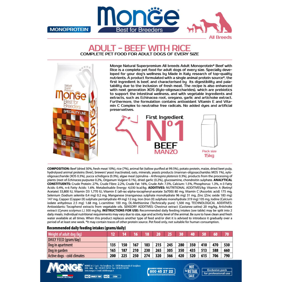 MONGE Best for Breeders, XS-XL, Vită și Orez, hrană uscată câini, 15kg - poza 3