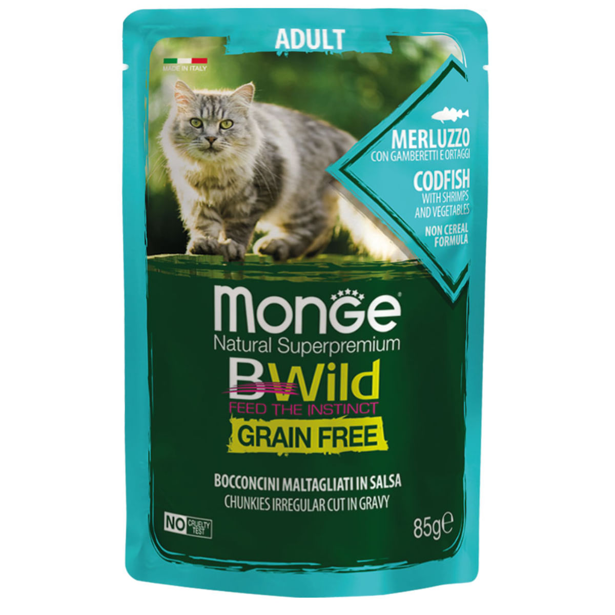 MONGE BWild, Cod și Creveți, plic hrană umedă fără cereale pisici, (în sos), 85g - poza 1