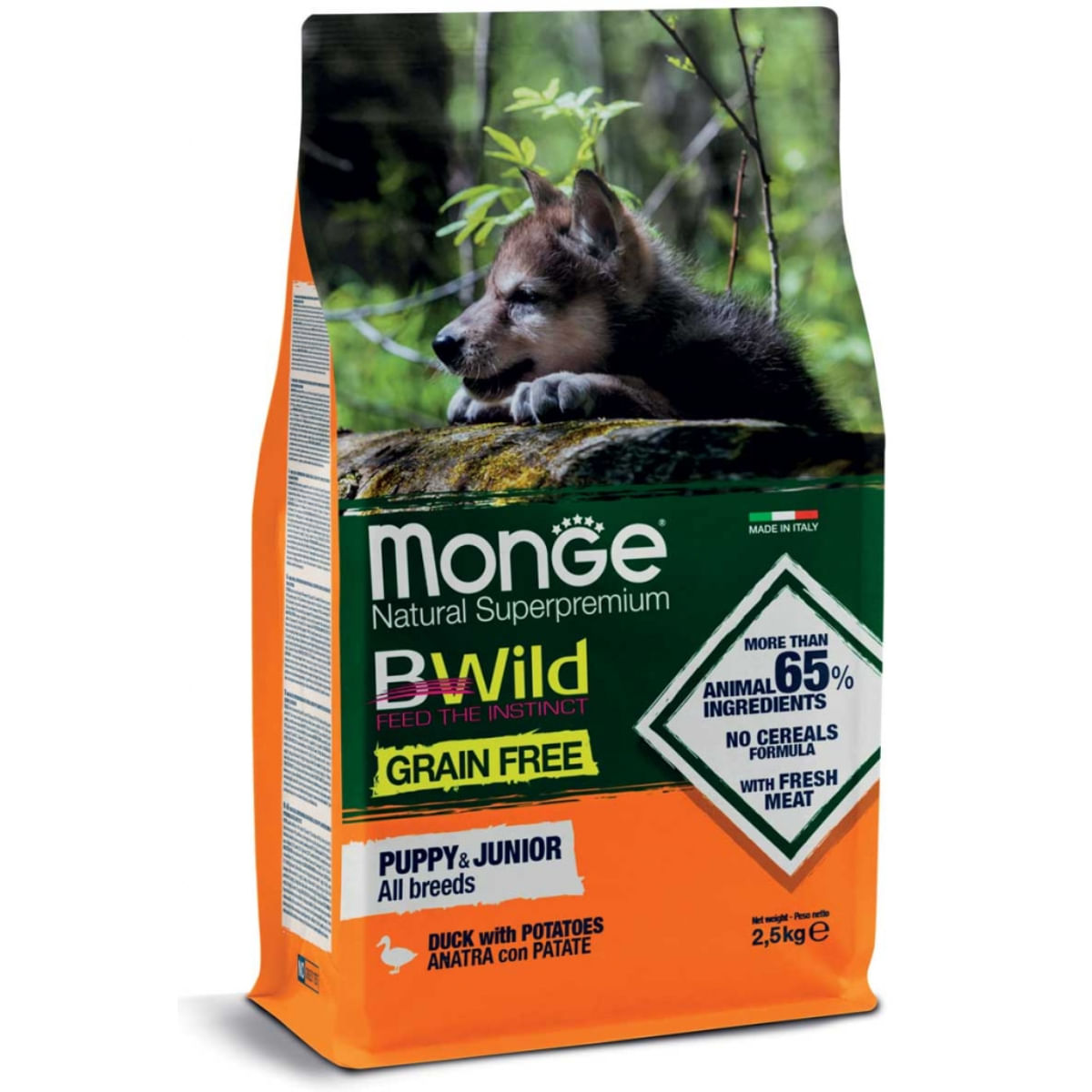 MONGE BWild Puppy & Junior, XS-XL, Rață și Cartofi, hrană uscată fără cereale câini junior, 2.5kg - poza 1