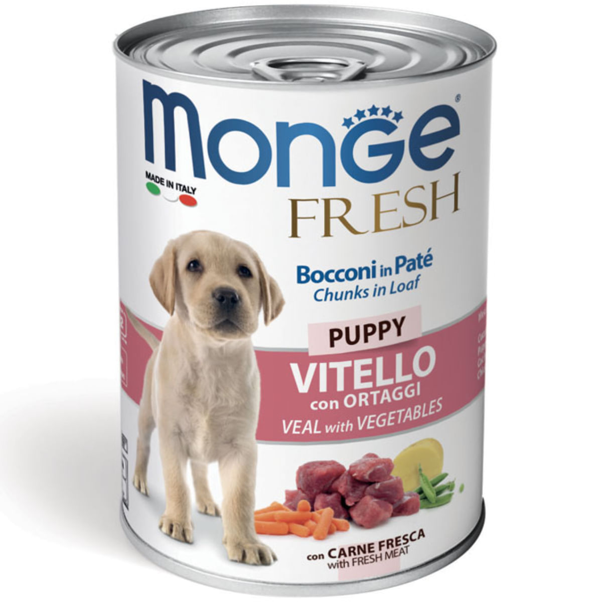 MONGE Fresh Puppy&Junior, XS-XL, Vițel și Legume, conservă hrană umedă câini junior, (în suc propriu), 400g - poza 1