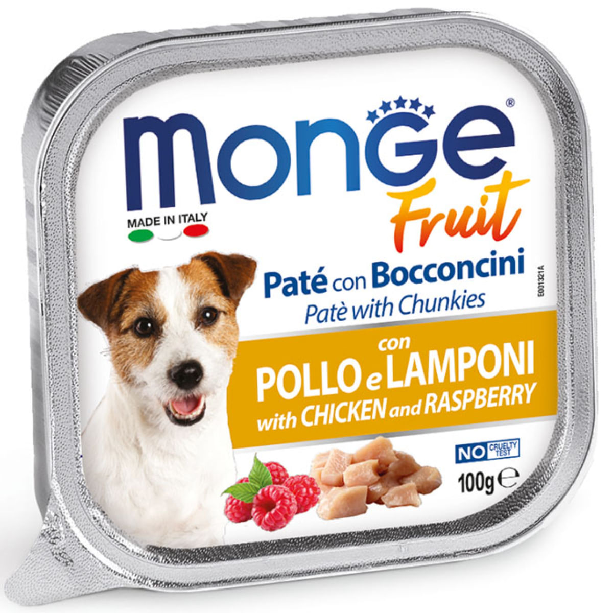MONGE Fruit, XS-XL, Pui și Zmeură, tăviță hrană umedă fără cereale câini, (în suc propriu), bax, 100g x 32buc - poza 1