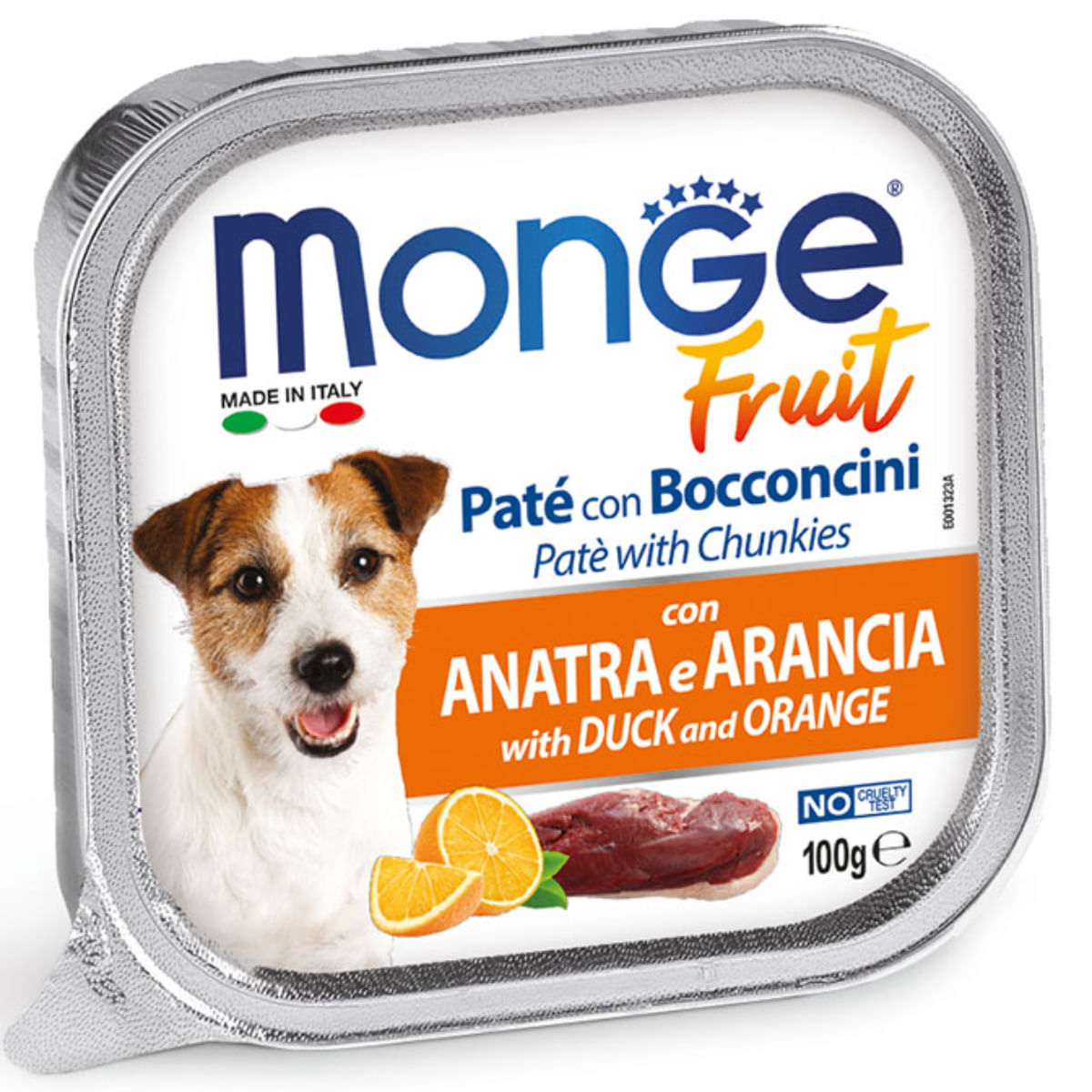 MONGE Fruit, XS-XL, Rață și Portocale, tăviță hrană umedă fără cereale câini, (în suc propriu), bax, 100g x 32buc - poza 1