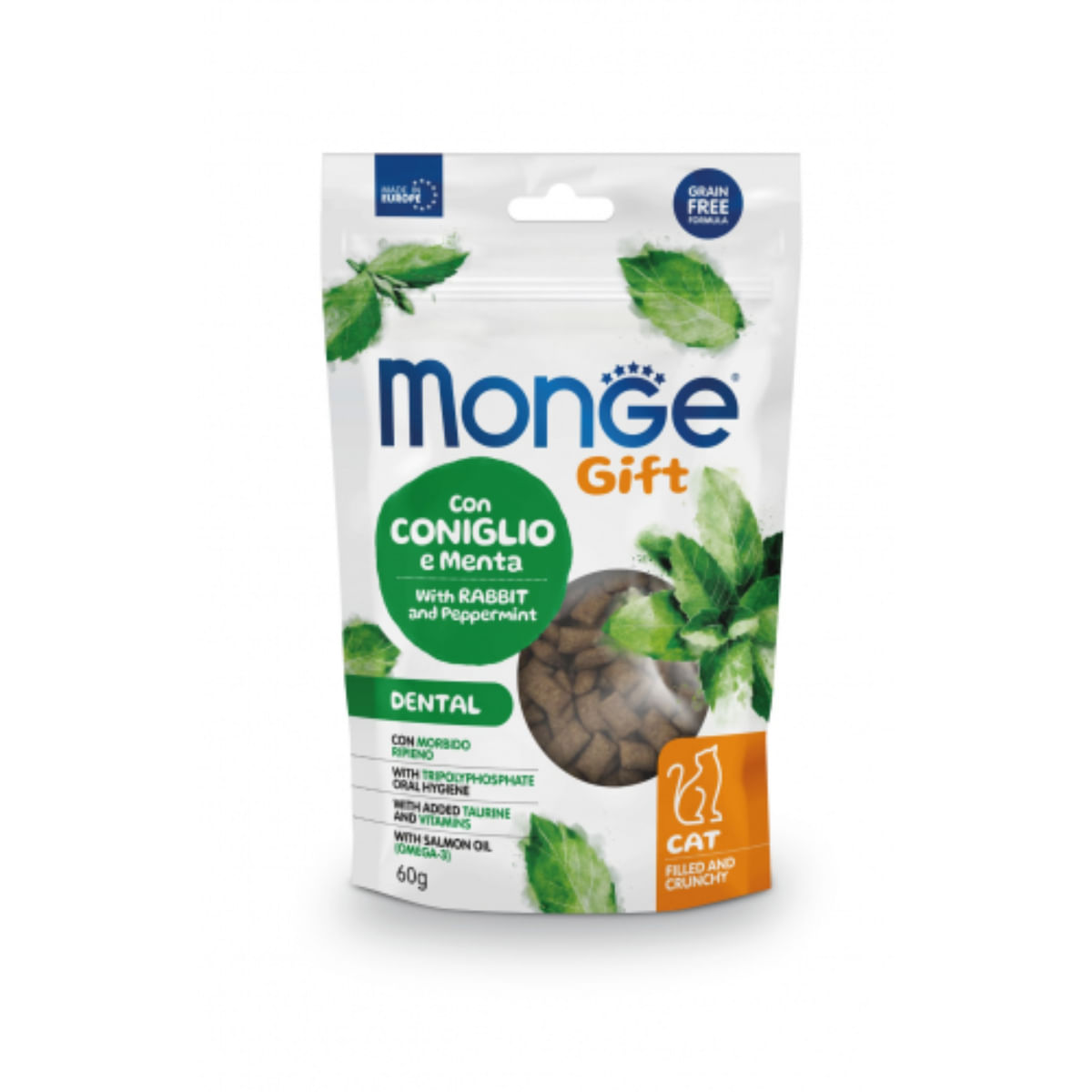 MONGE Gift Dental Filled & Crunchy, Iepure și Mentă, punguță recompense funcționale fără cereale pisici, sensibilități dentare, 60g - poza 2