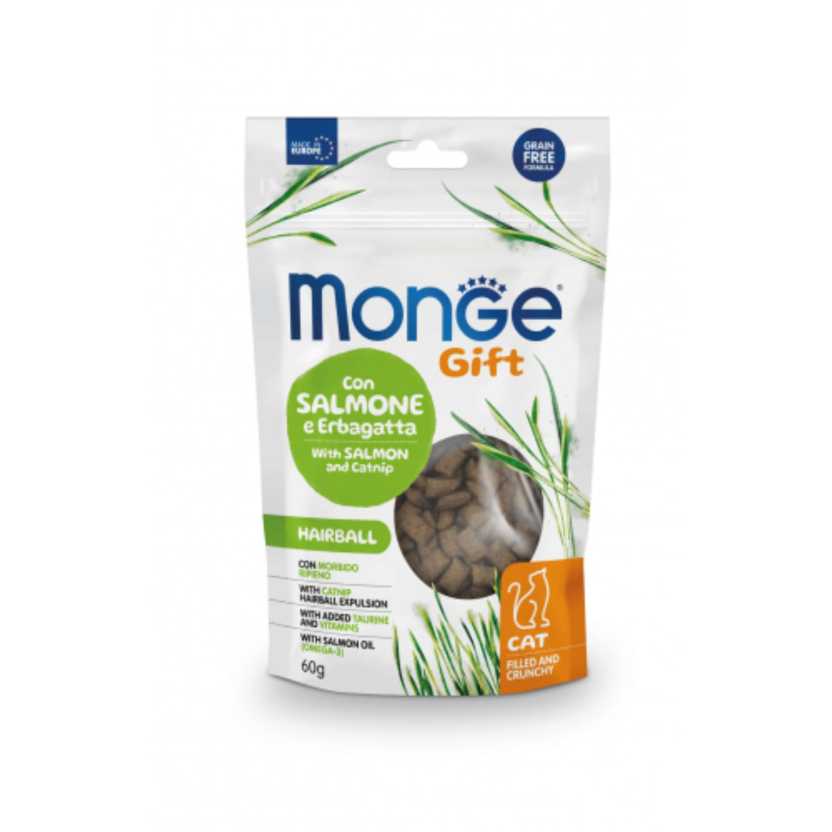 MONGE Gift Hairball Filled & Crunchy, Somon și Catnip, punguță recompense funcționale fără cereale pisici, limitarea ghemurilor de blană, 60g - poza 2