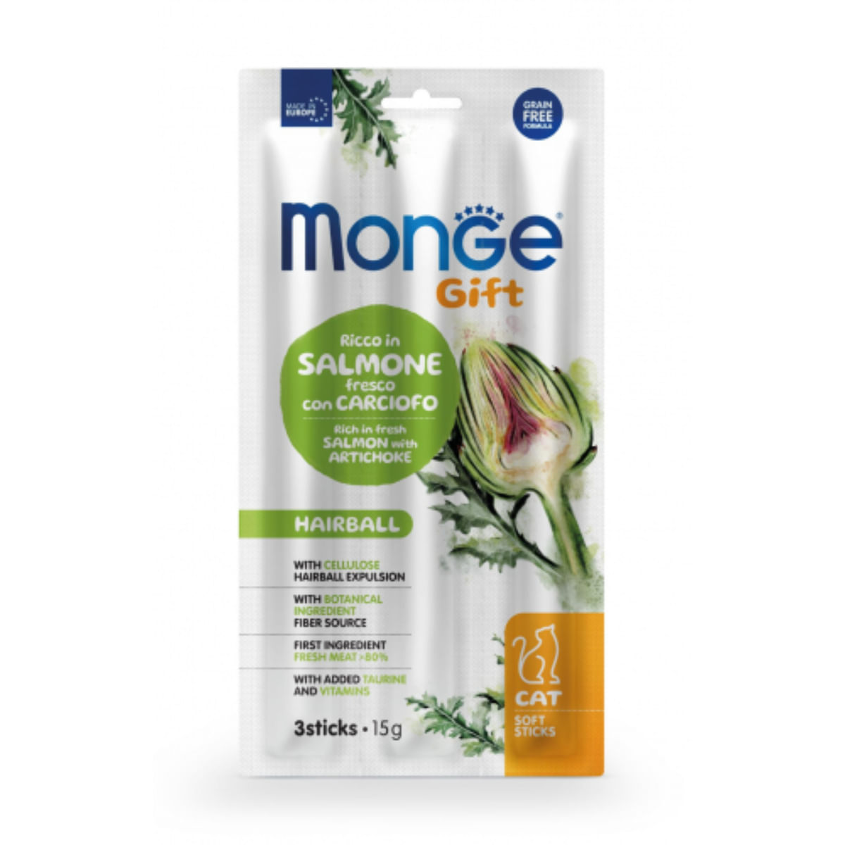 MONGE Gift Hairball Soft Sticks, Somon și Anghinare, punguță recompense funcționale fără cereale pisici, limitarea ghemurilor de blană, 15g - poza 2