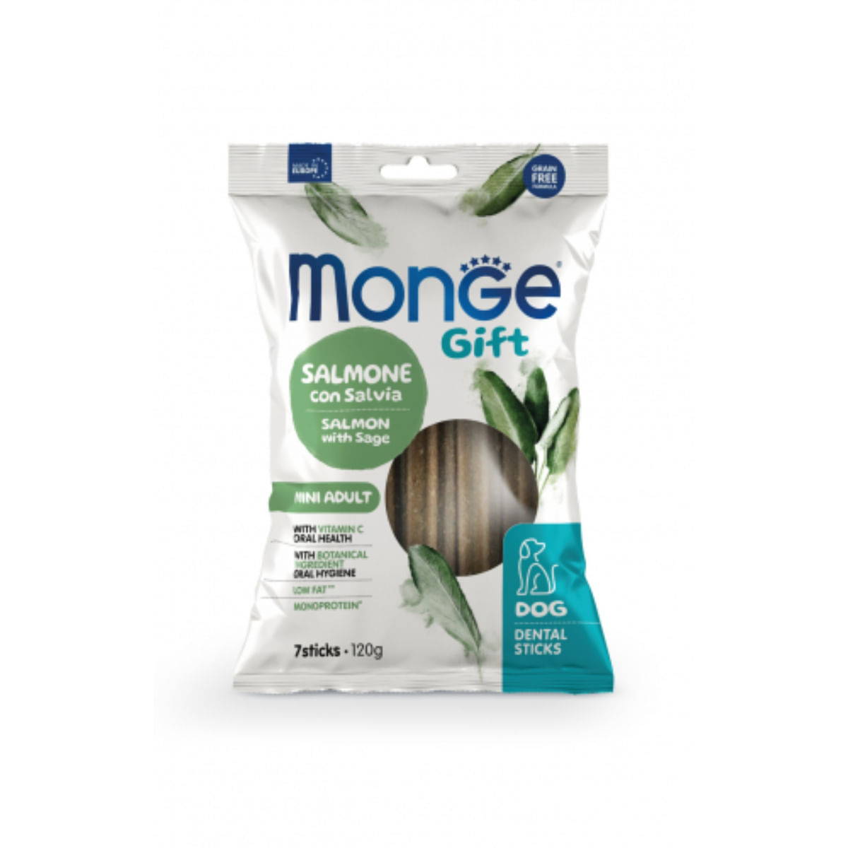 MONGE Gift Mini Dental Sticks, XS-S, Somon și Salvie, punguță recompense funcționale fără cereale câini, sensibilități dentare, 120g - poza 1