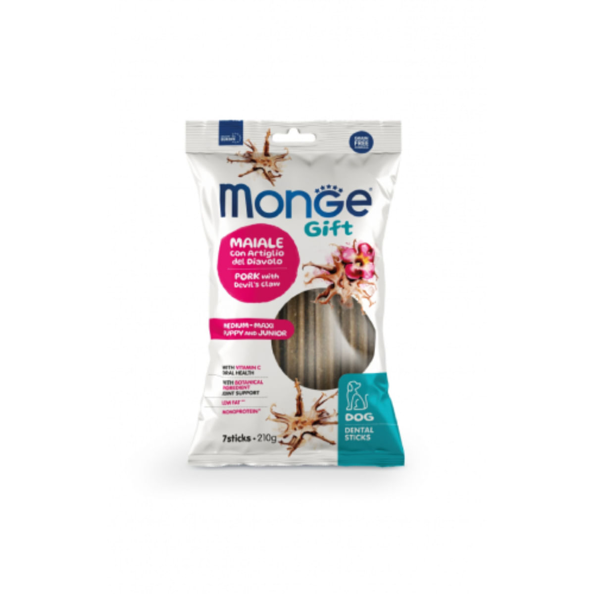 MONGE Gift Puppy&Junior Medium and Maxi Dental Sticks, M-XL, Porc și Gheara Diavolului, punguță recompense funcționale fără cereale câini junior, 210g - poza 2