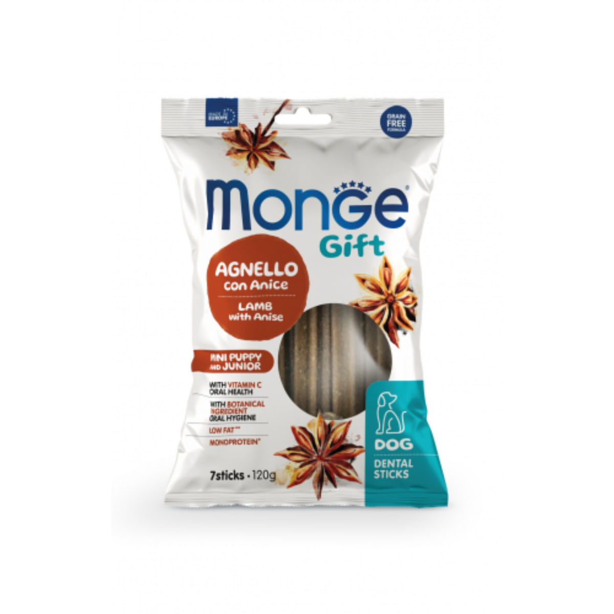 MONGE Gift Puppy&Junior Mini Dental Sticks, XS-S, Miel și Anason, punguță recompense funcționale fără cereale câini junior, 120g - poza 1