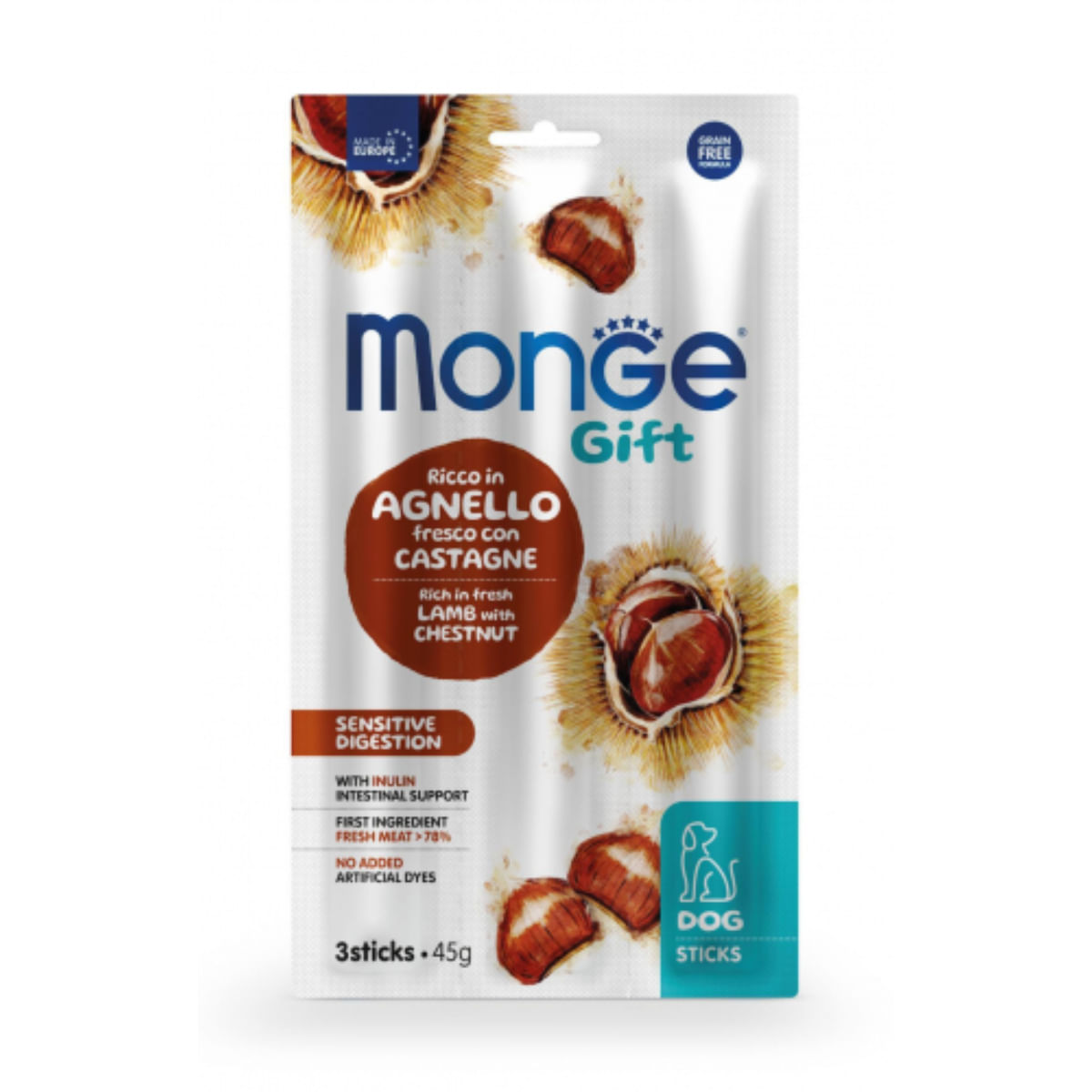 MONGE Gift Sensitive Digestion, XS-XL, Miel și Castane, punguță recompense funcționale fără cereale câini, sistem digestiv, 45g - poza 2