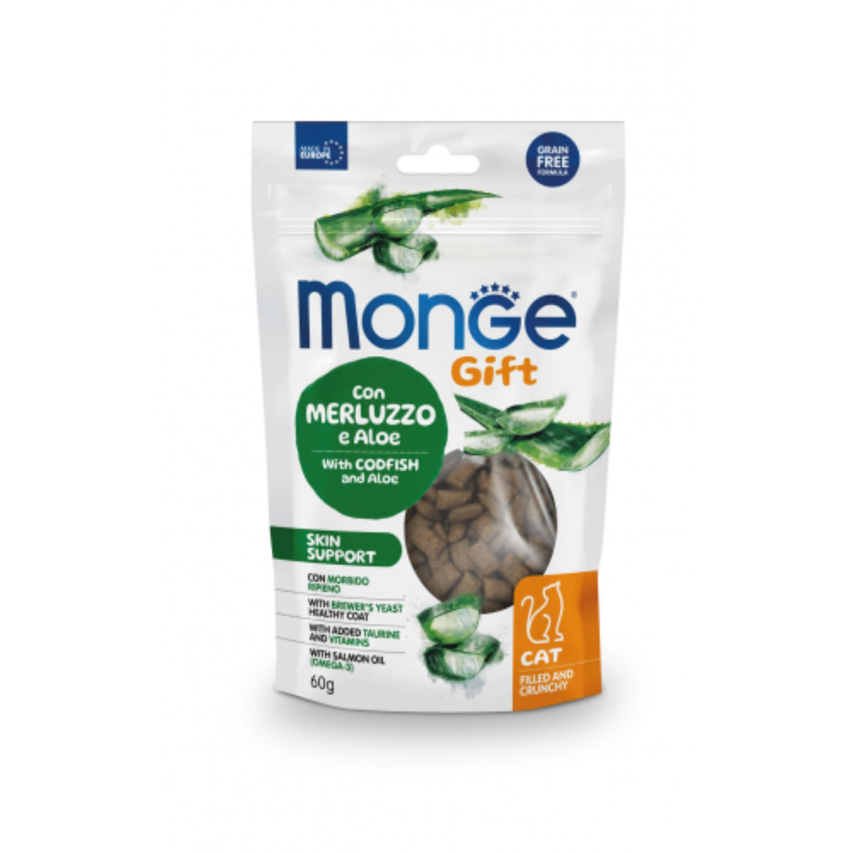 MONGE Gift Skin Support Filled & Crunchy, Cod și Aloe Vera, punguță recompense funcționale fără cereale pisici, piele & blană, 60g - poza 1