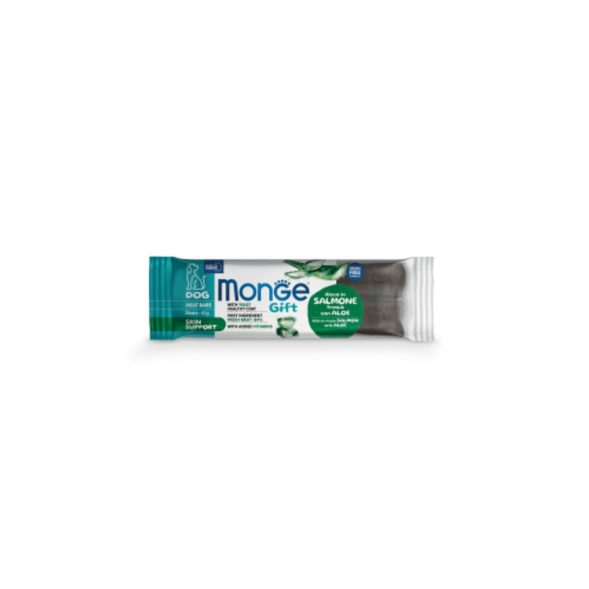 MONGE Gift Skin Support Meat Bars, XS-XL, Somon și Aloe Vera, punguță recompense funcționale fără cereale câini, piele & blană, 40g - poza 1