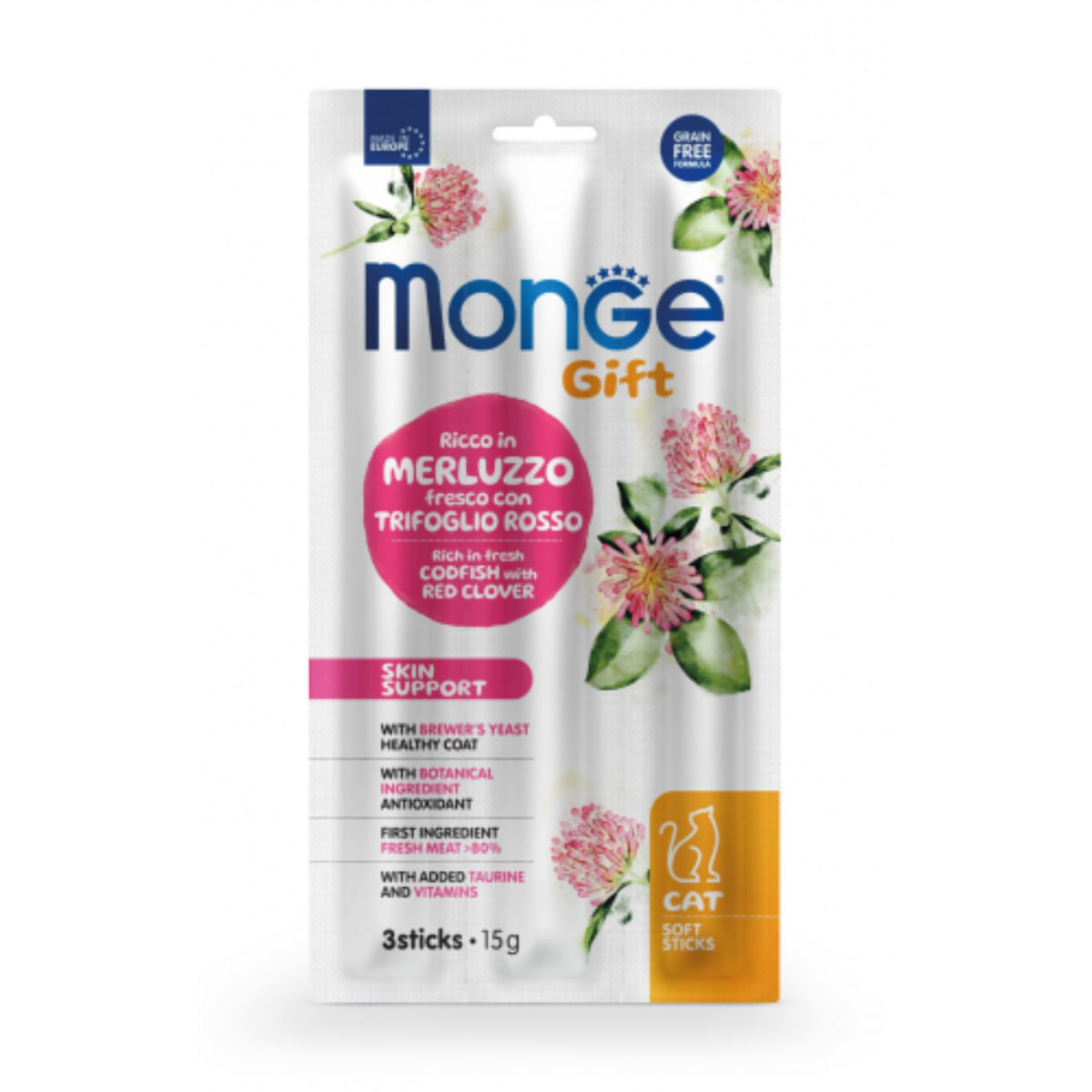 MONGE Gift Skin Support Soft Sticks, Cod și Trifoi, punguță recompense funcționale fără cereale pisici, piele & blană, 15g - poza 1