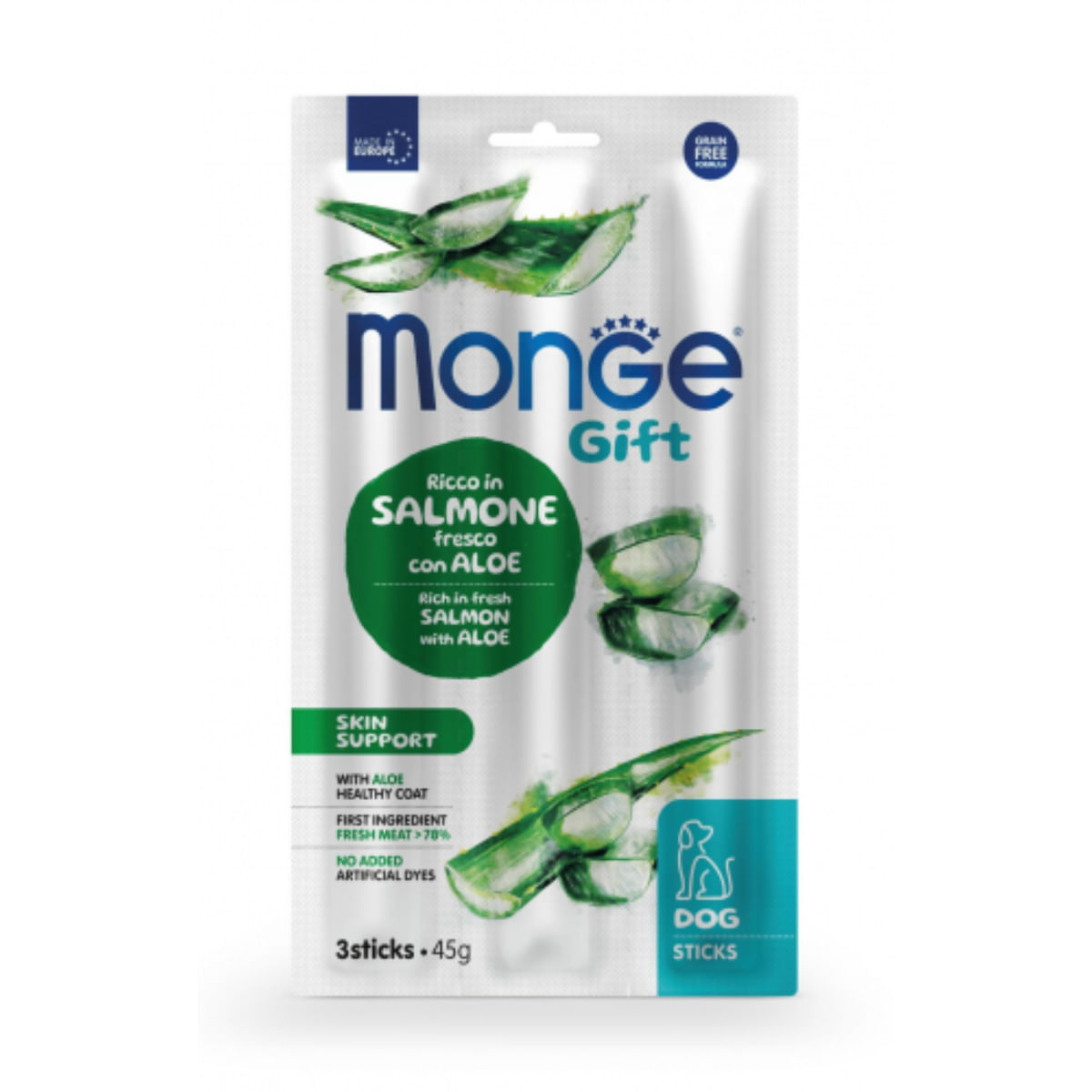 MONGE Gift Skin Support, XS-XL, Somon și Aloe Vera, punguță recompense funcționale fără cereale câini, piele & blană, 45g - poza 2