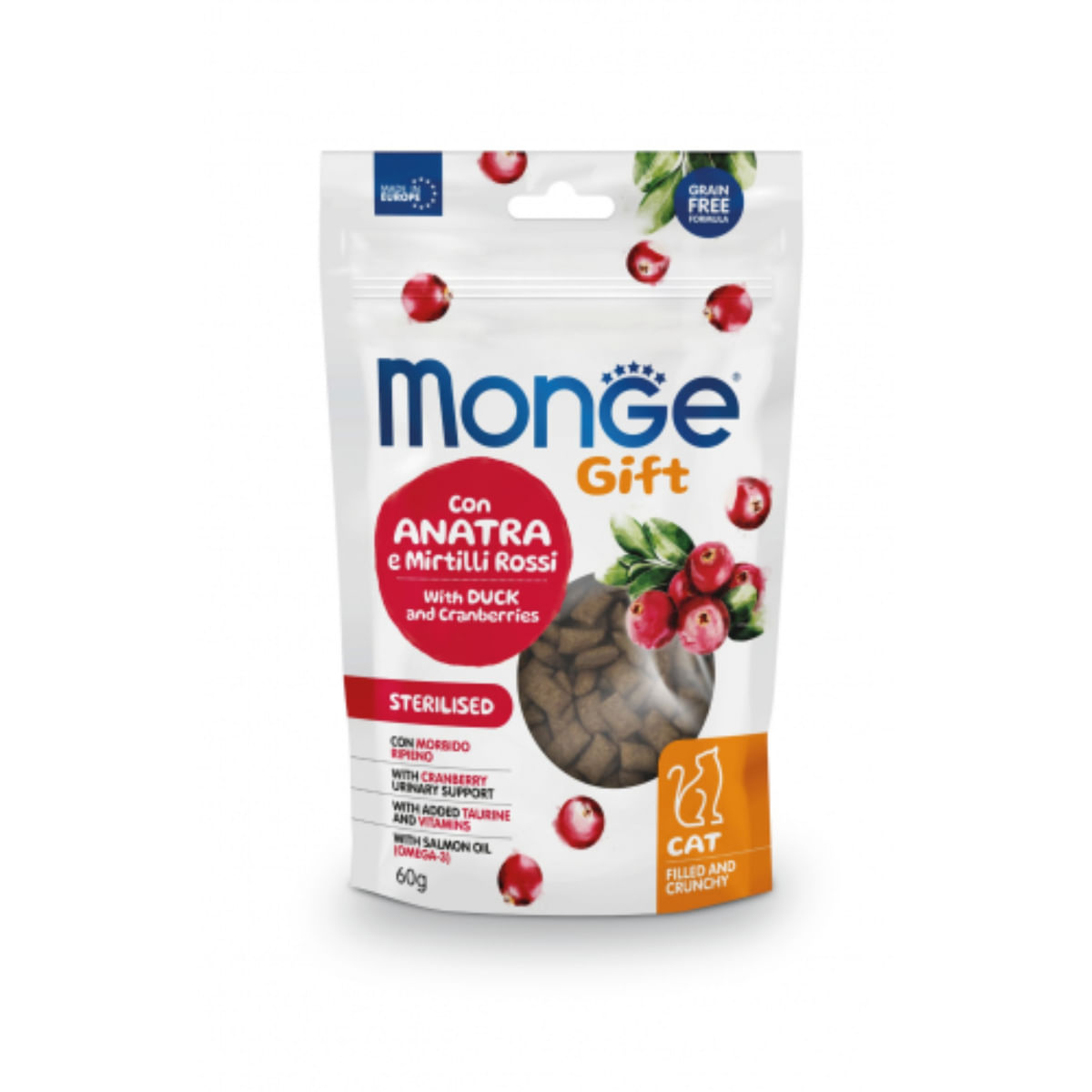 MONGE Gift Sterilised Filled & Crunchy, Rață și Merișoare, punguță recompense funcționale fără cereale pisici sterilizate, 60g - poza 2