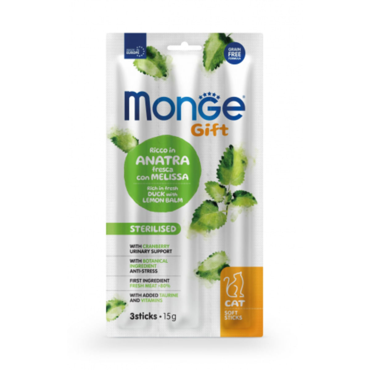 MONGE Gift Sterilised Soft Sticks, Rață, punguță recompense funcționale fără cereale pisici sterilizate, 15g - poza 1