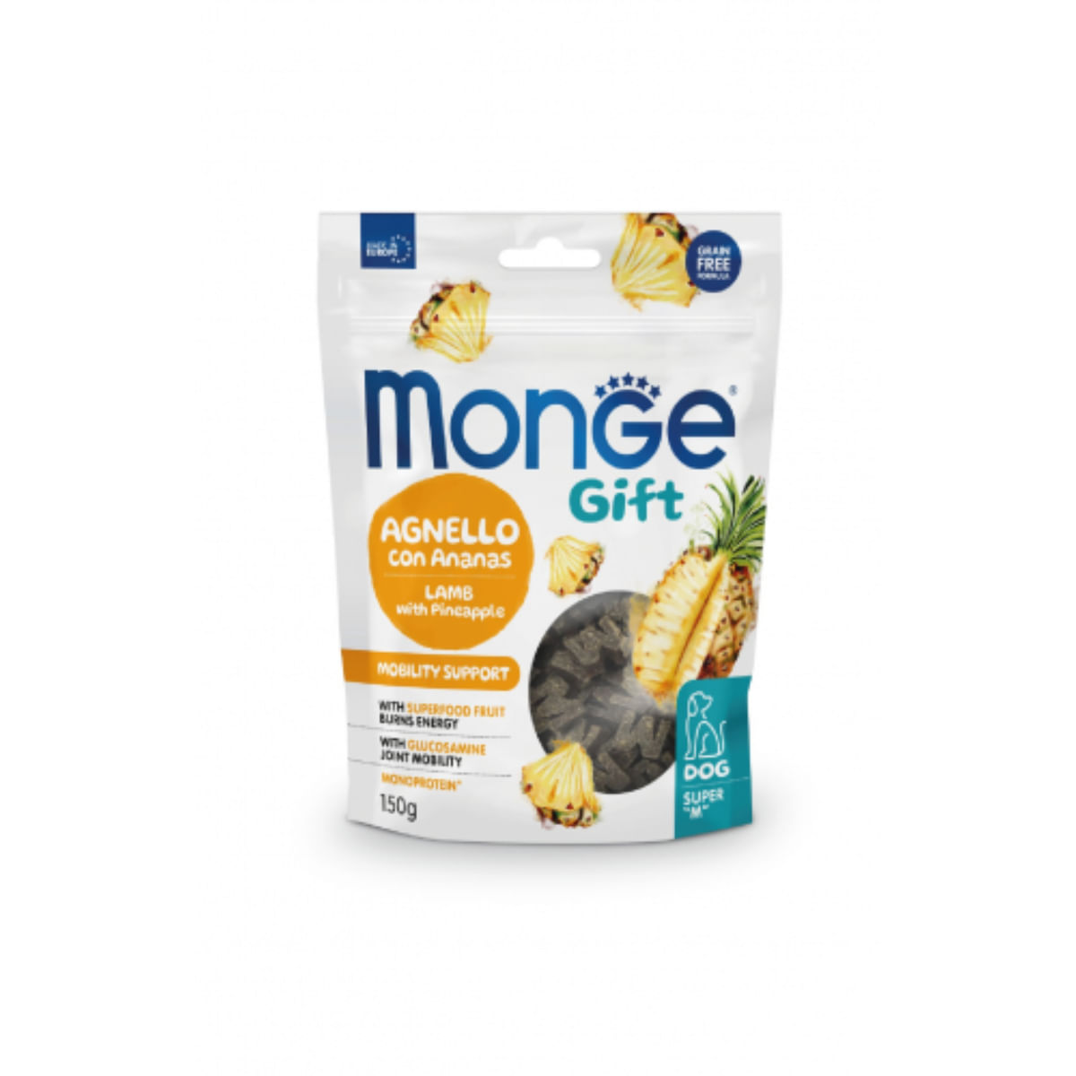MONGE Gift Super M Mobility Support, XS-XL, Miel și Ananas, punguță recompense funcționale fără cereale câini, sistem articular, 150g - poza 1