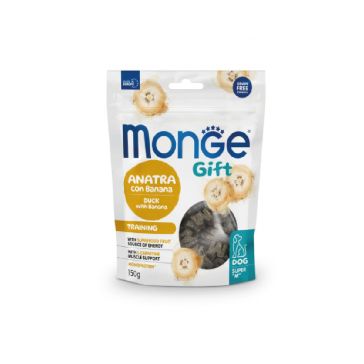 MONGE Gift Super M Training, XS-XL, Rață și Banane, punguță recompense funcționale fără cereale câini, 150g - poza 1