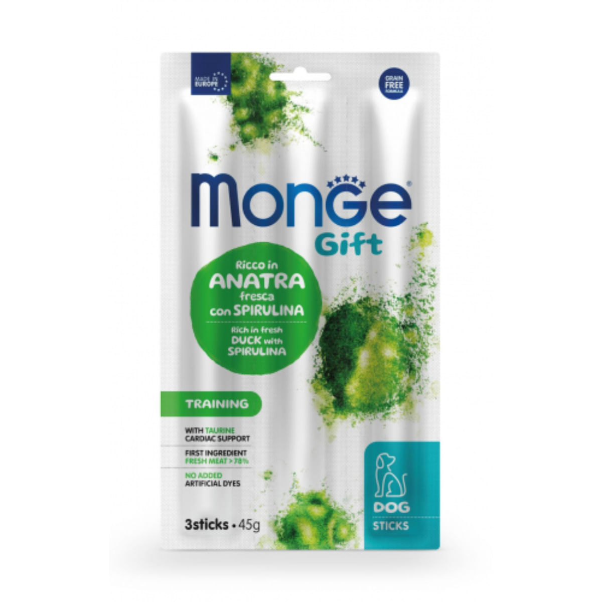 MONGE Gift Training Spirulina Sticks, XS-XL, Rață și Spirulină, punguță recompense funcționale fără cereale câini, 45g - poza 1