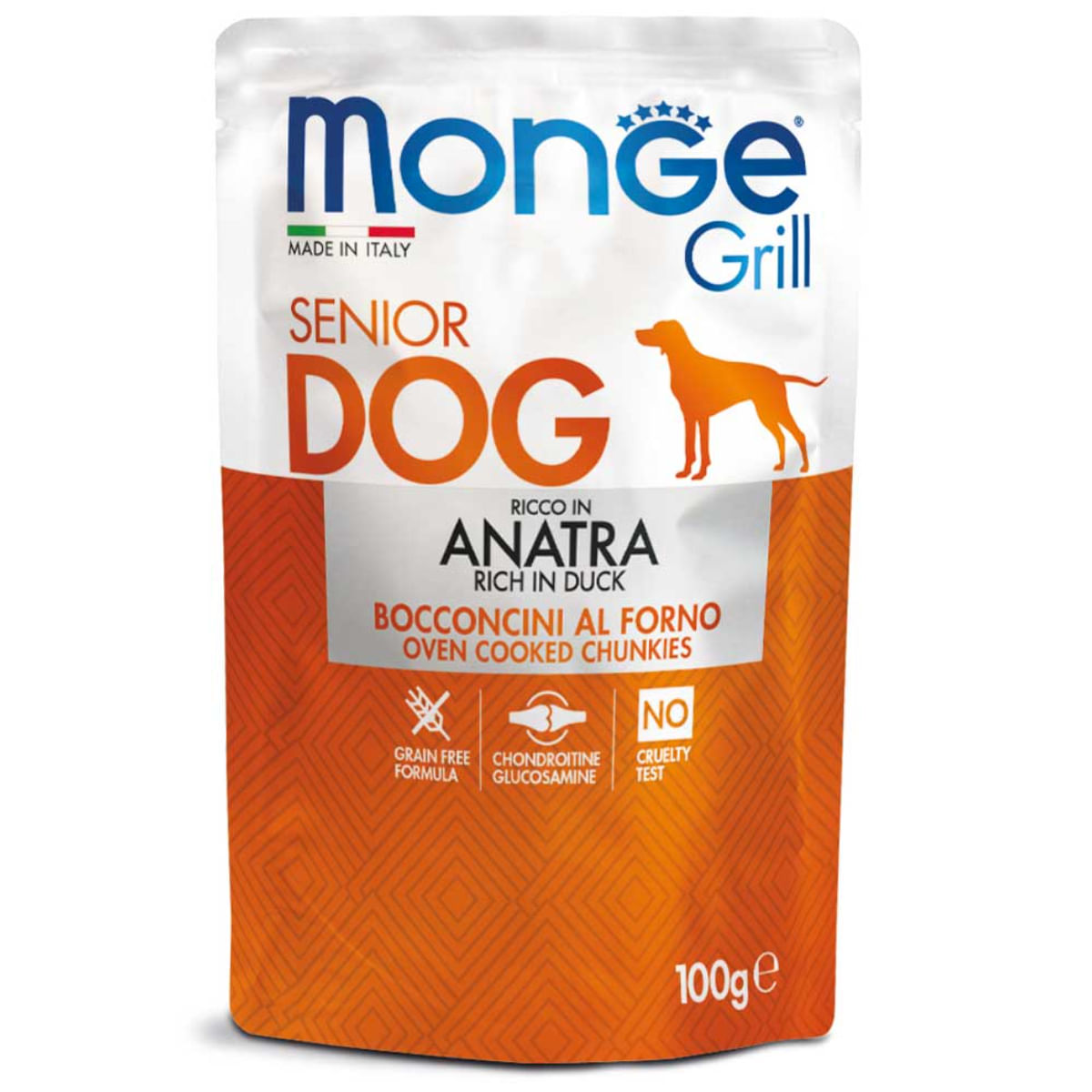 MONGE Grill Senior, XS-XL, Rață, plic hrană umedă câini senior, (în suc propriu), bax, 100g x 24buc - poza 1
