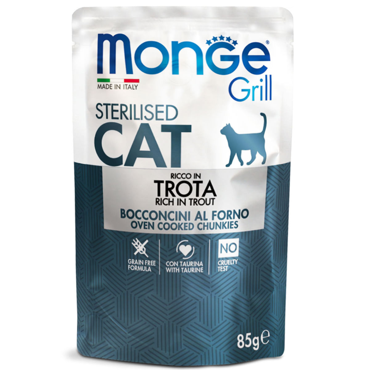 MONGE Grill Sterilised, Păstrăv, plic hrană umedă fără cereale pisici sterilizate, obezitate, apetit capricios, (în aspic), 85g - poza 1