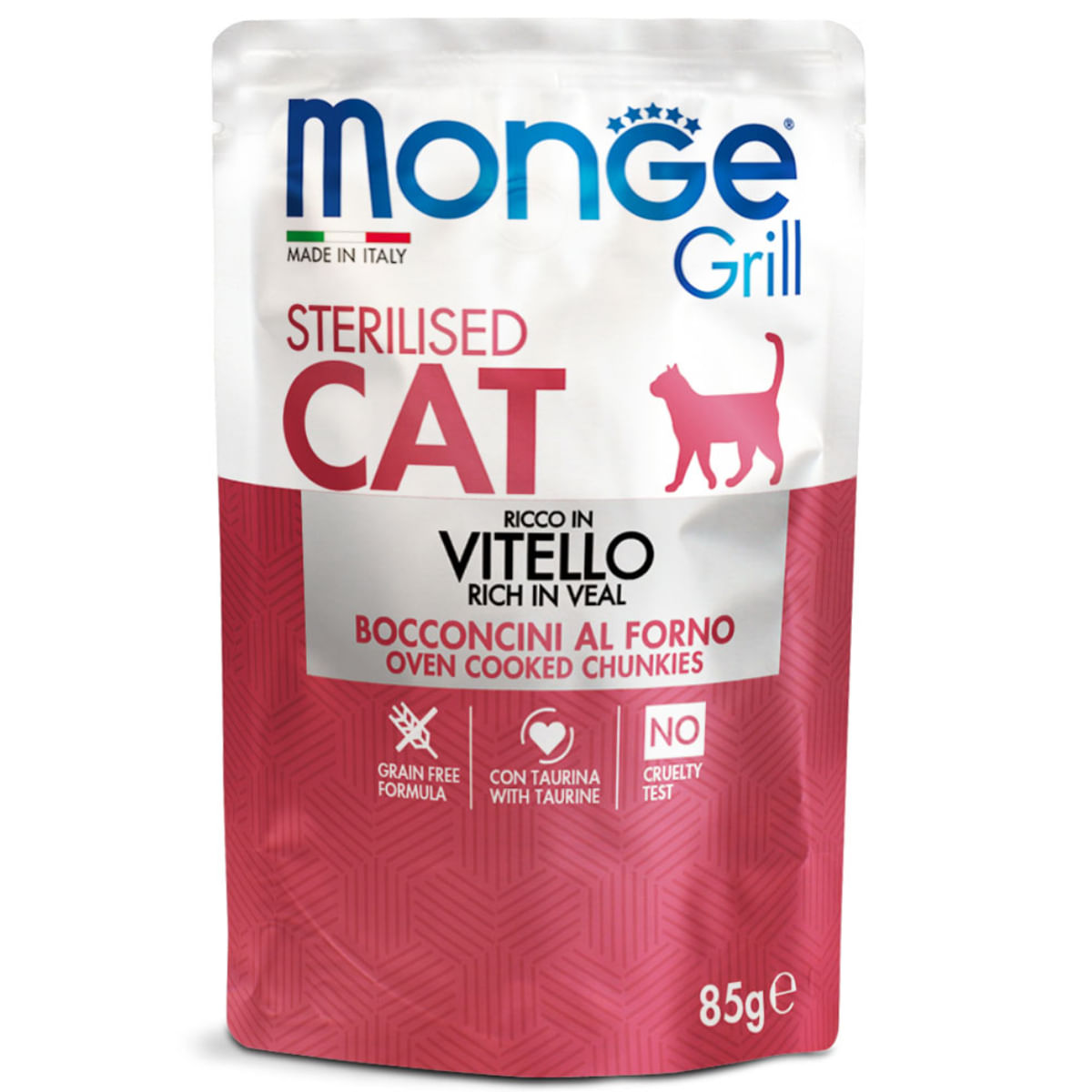 MONGE Grill Sterilised, Vițel, plic hrană umedă fără cereale pisici sterilizate, obezitate, apetit capricios, (în aspic), bax, 85g x 28buc - poza 1