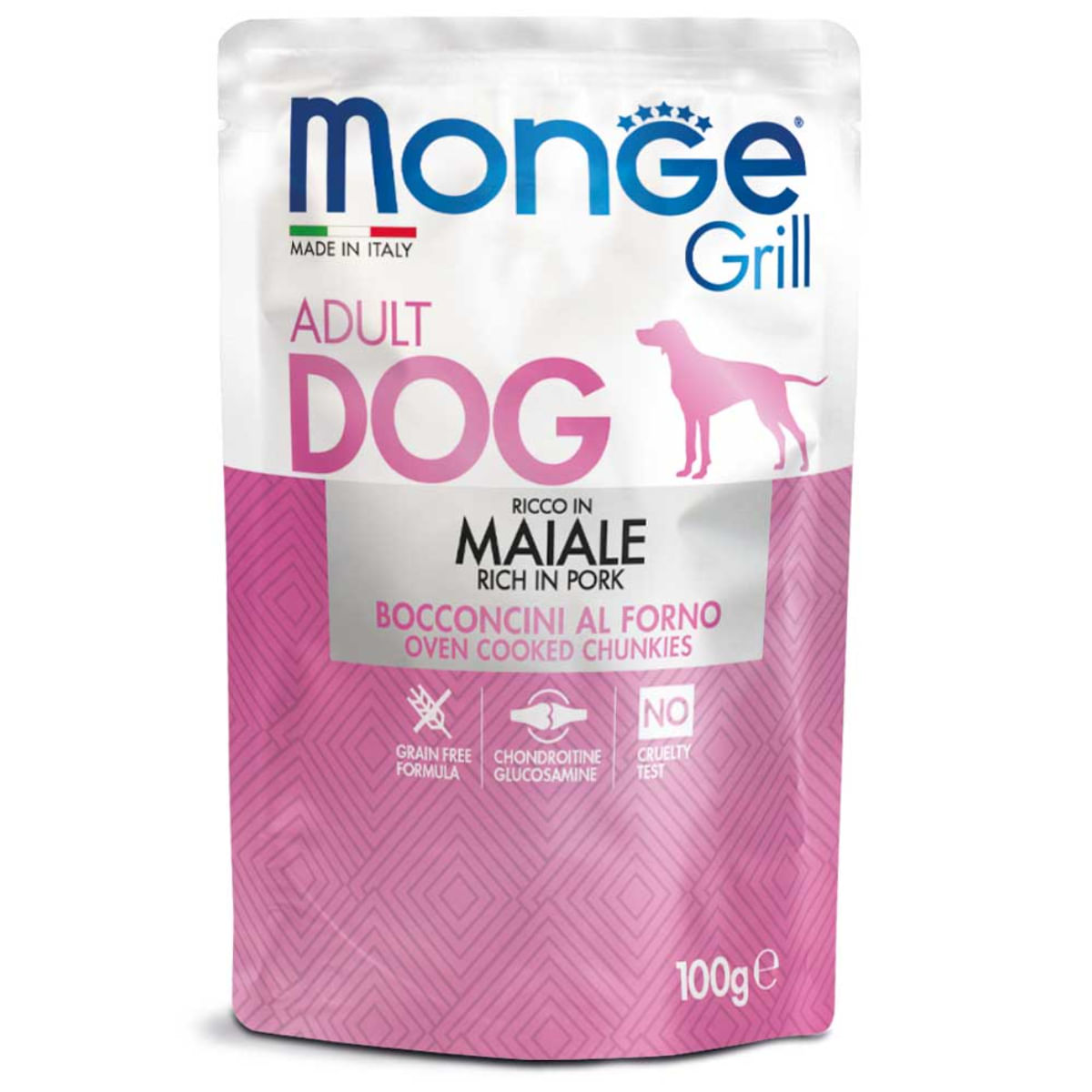 MONGE Grill, XS-XL, Porc, plic hrană umedă câini, (în suc propriu), bax, 100g x 24buc - poza 1