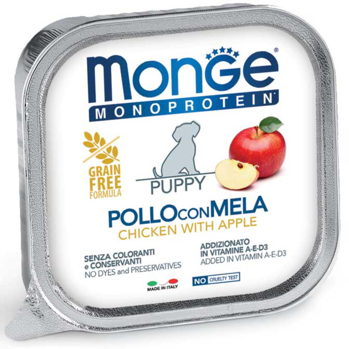 MONGE Monoprotein Puppy&Junior, XS-XL, Pui și Măr, tăviță hrană umedă monoproteică fără cereale câini junior, (pate), bax, 150g x 24buc - poza 1