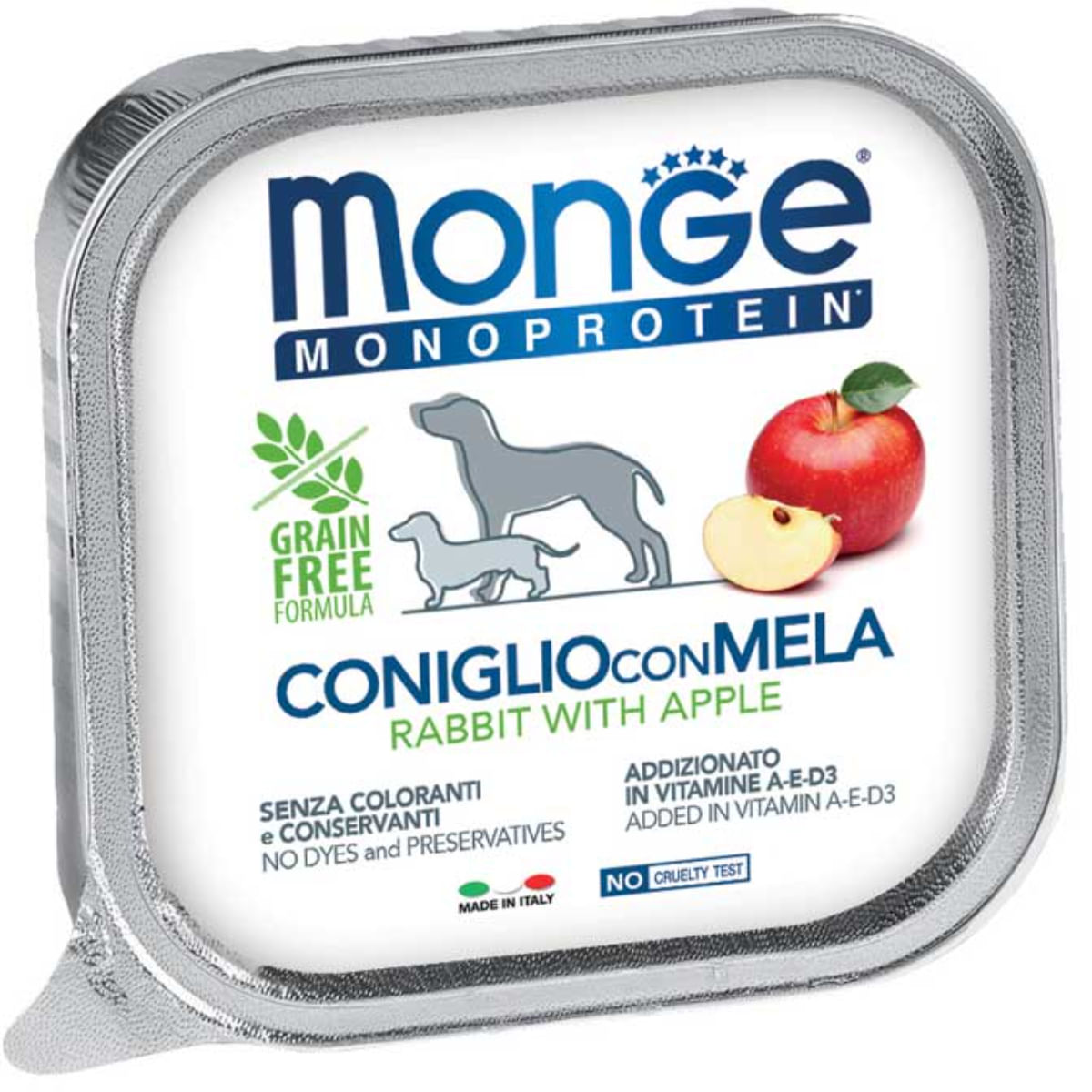 MONGE Monoprotein, XS-XL, Iepure și Măr, tăviță hrană umedă monoproteică fără cereale câini, (pate), bax, 150g x 24buc - poza 2