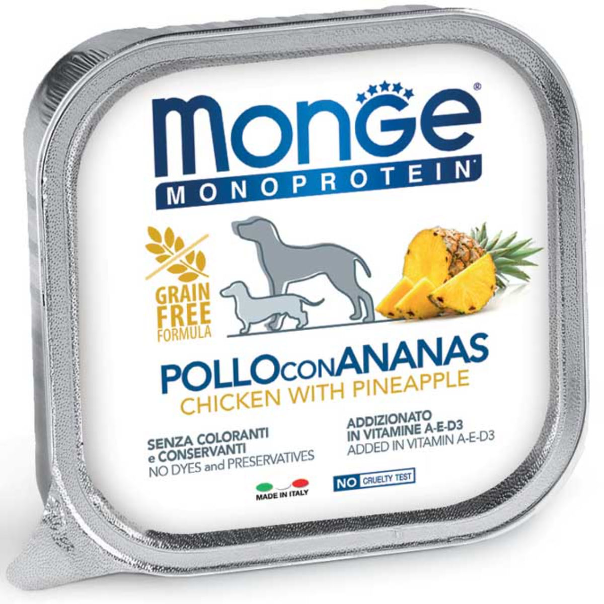MONGE Monoprotein, XS-XL, Pui și Ananas, tăviță hrană umedă monoproteică fără cereale câini, (pate), bax, 150g x 24buc - poza 1