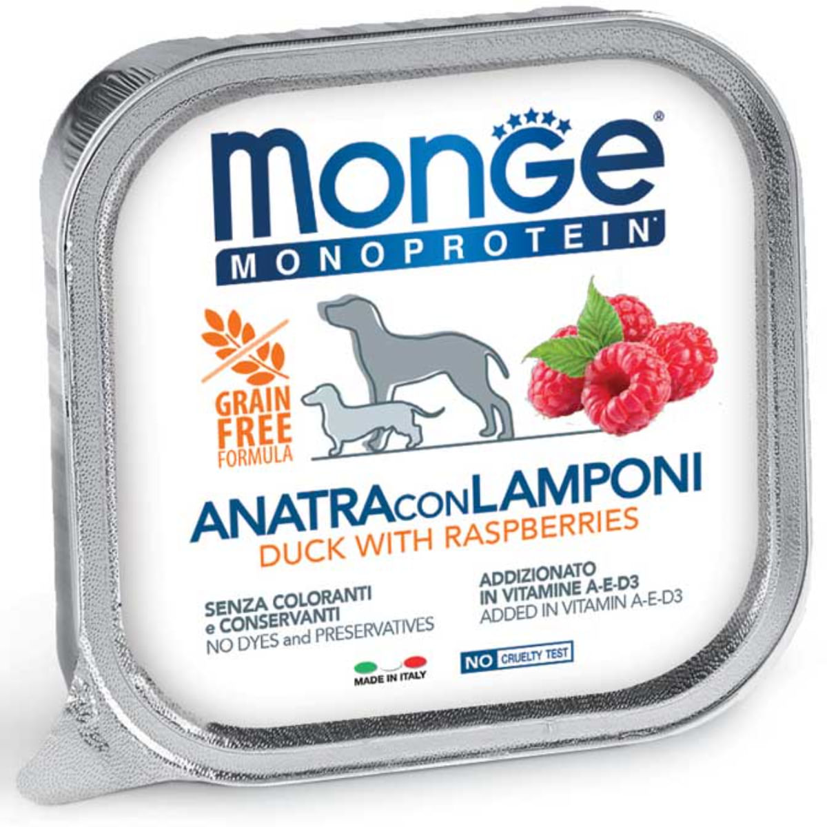 MONGE Monoprotein, XS-XL, Rață și Zmeură, tăviță hrană umedă monoproteică fără cereale câini, (pate), bax, 150g x 24buc - poza 1