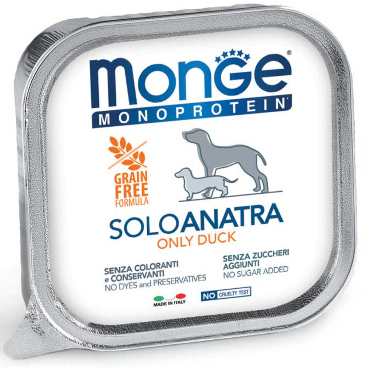 MONGE Monoprotein, XS-XL, Rață, tăviță hrană umedă monoproteică fără cereale câini, (pate), 150g - poza 1