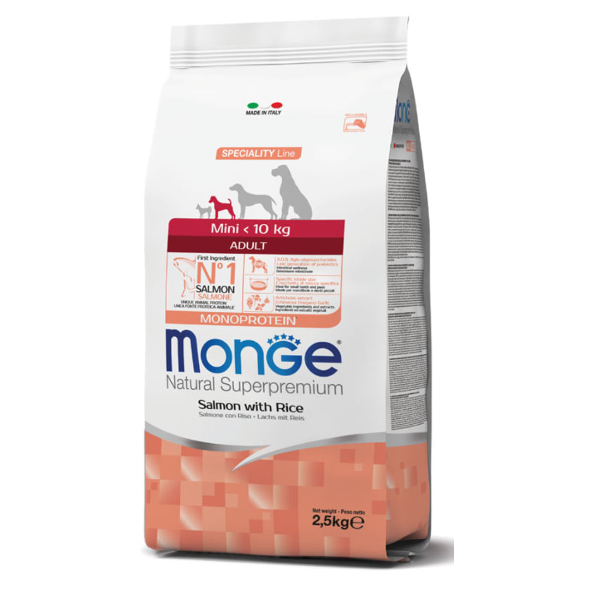 MONGE Natural Superpremium Monoprotein Adult Mini, XS-S, Somon și Orez, hrană uscată câini, 2.5kg - poza 2