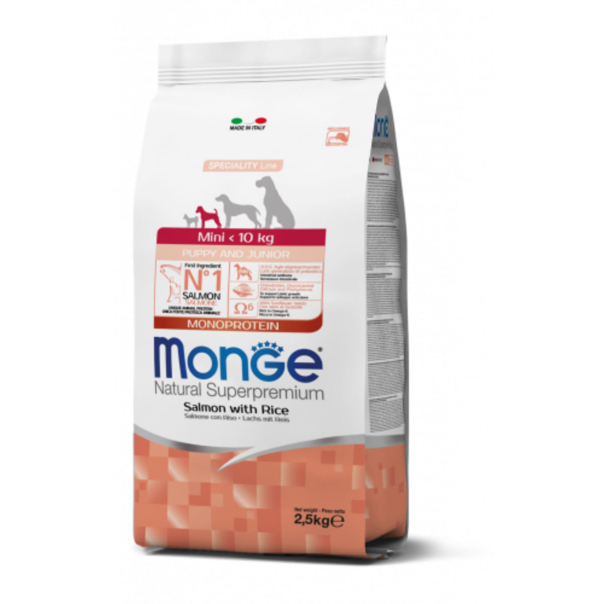 MONGE Natural Superpremium Monoprotein Puppy&Junior Mini, XS-S, Somon și Orez, hrană uscată câini junior, 7.5kg - poza 1