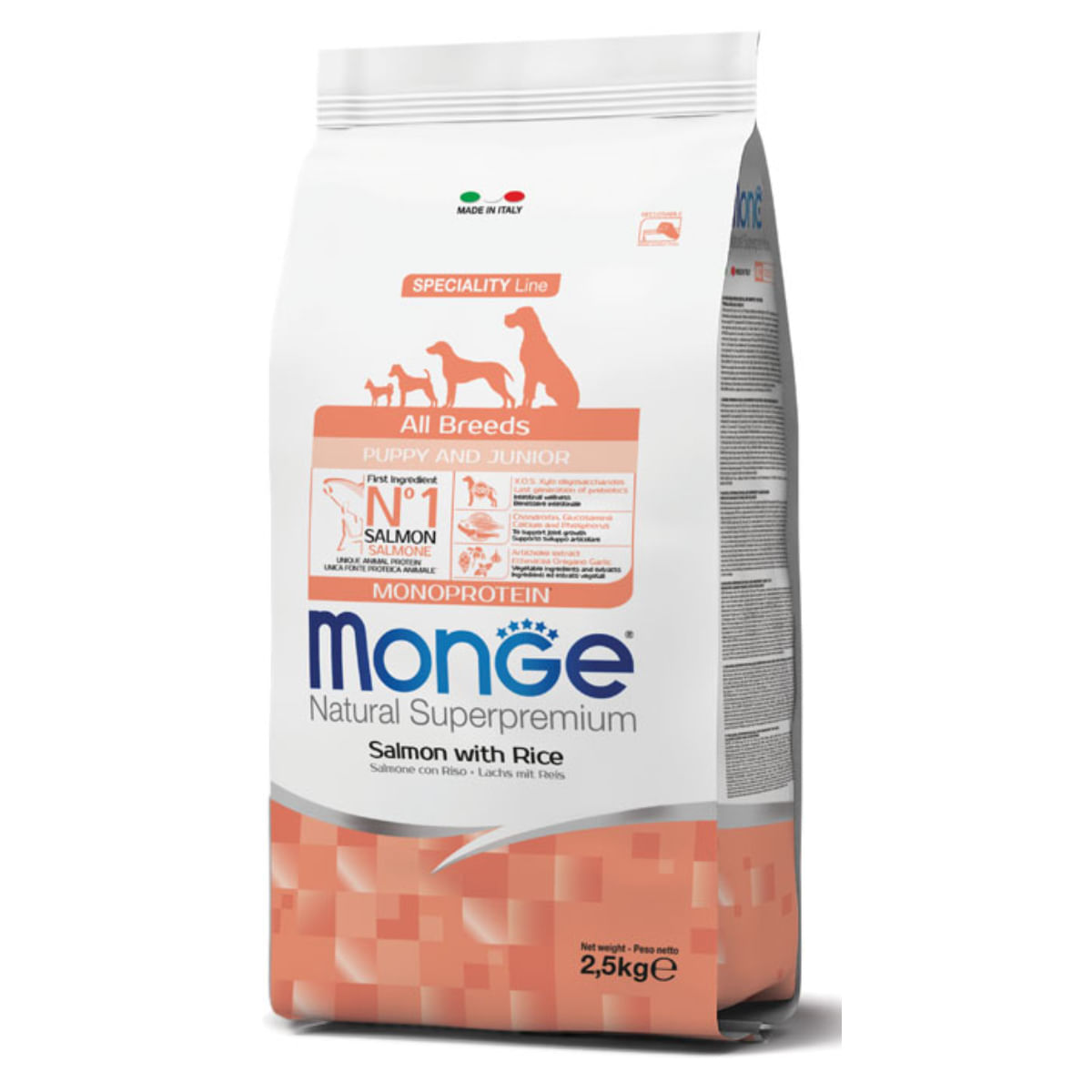 MONGE Natural Superpremium Monoprotein Puppy&Junior, XS-XL, Somon și Orez, hrană uscată câini junior, 12kg - poza 1