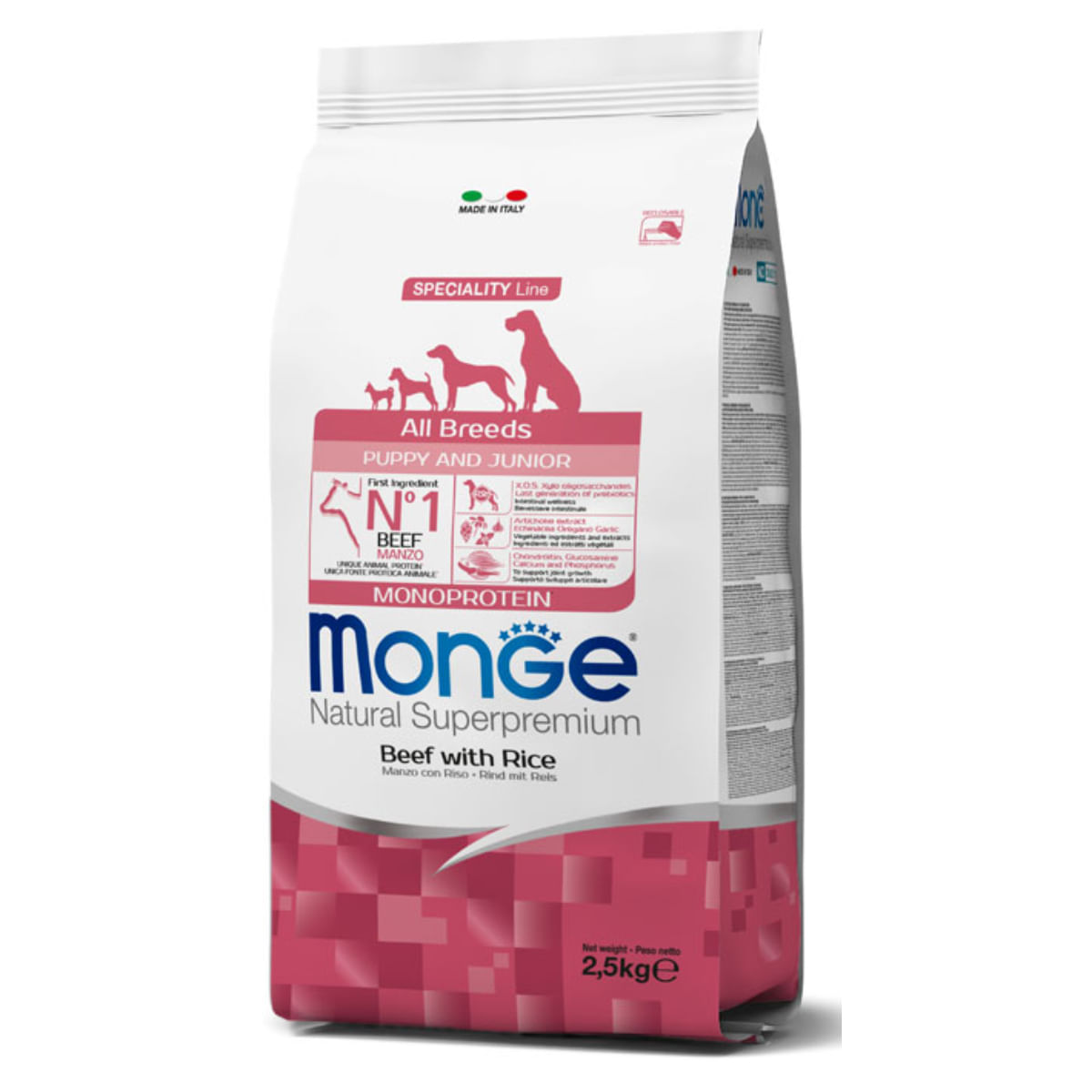 MONGE Natural Superpremium Monoprotein Puppy&Junior, XS-XL, Vită și Orez, hrană uscată câini junior, 2.5kg - poza 2
